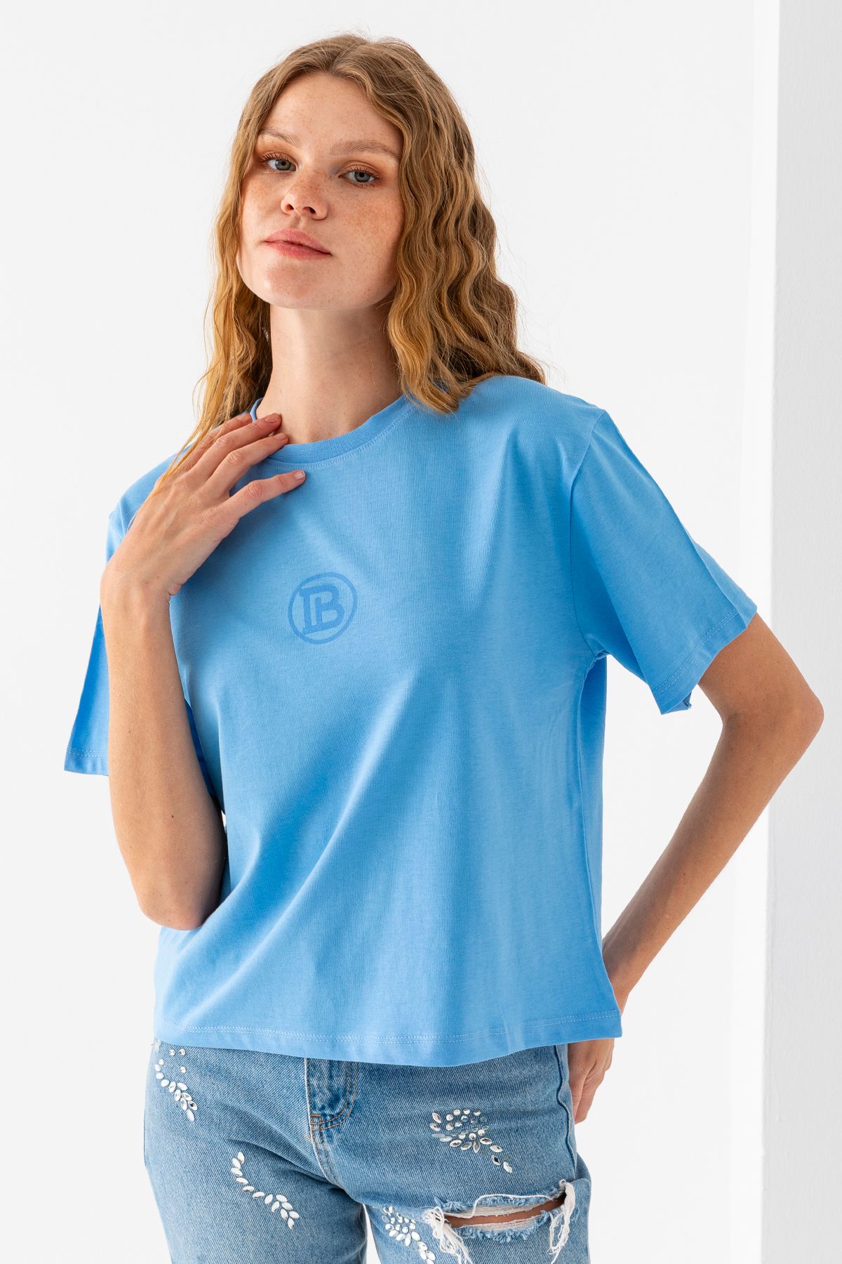 GİYSA Kadın Bisiklet Yaka Baskılı %100 Pamuklu T-Shirt Mavi - 925024