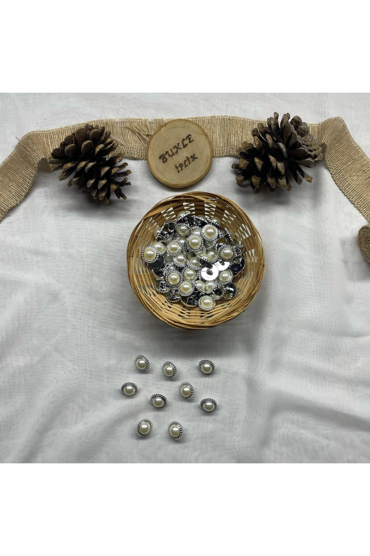 Bukle İplik-Large Pearl Detailed Twist Pattern Silver Color Plastic Button with Bottom Stitching 34" Button (12 Pcs) 3