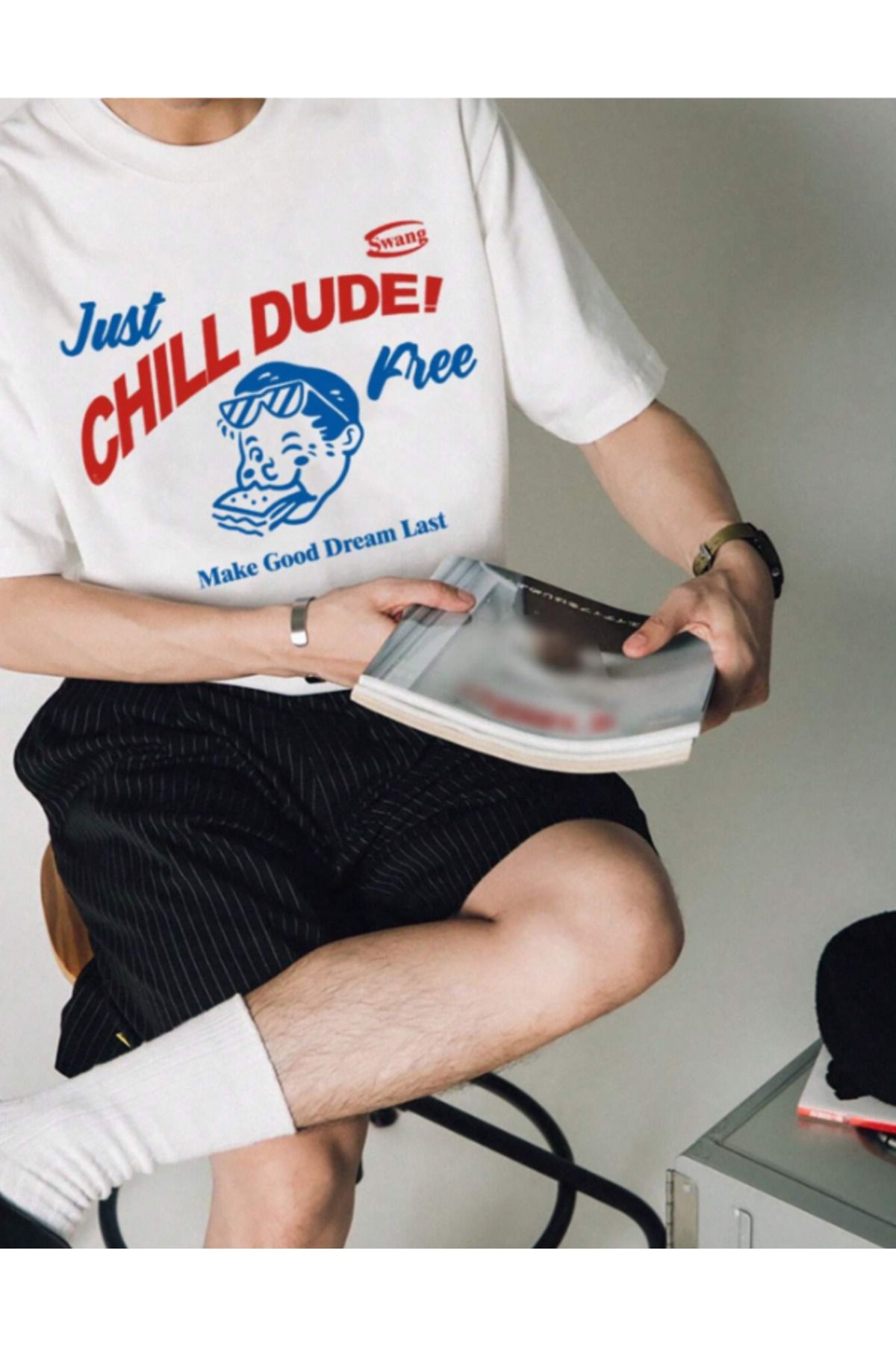 AEMİ Unisex Chill Dude Baskılı Oversize Bisiklet Yaka T-shirt