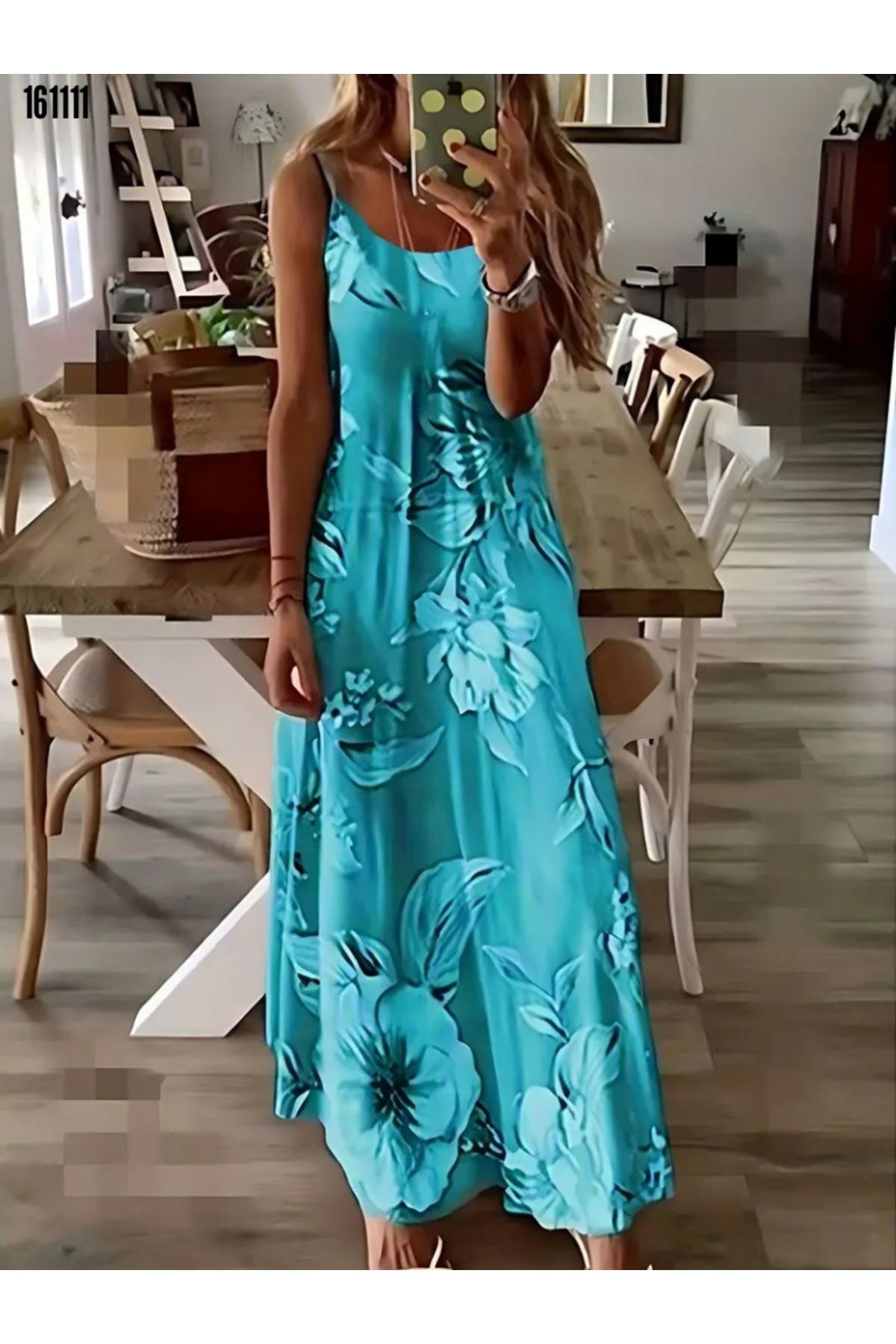 moda wanilia Kadın Askılı Yuvarlak Yaka Salaş Midi Boy Desenli Süprem Elbise