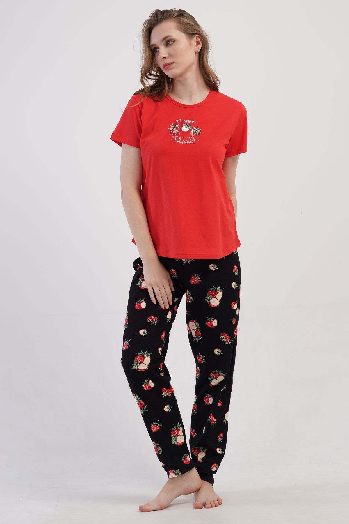 VİENETTA Kadın Büyük Beden Kısa Kol Kırmızı Pijama Takımı C6T9N0O904