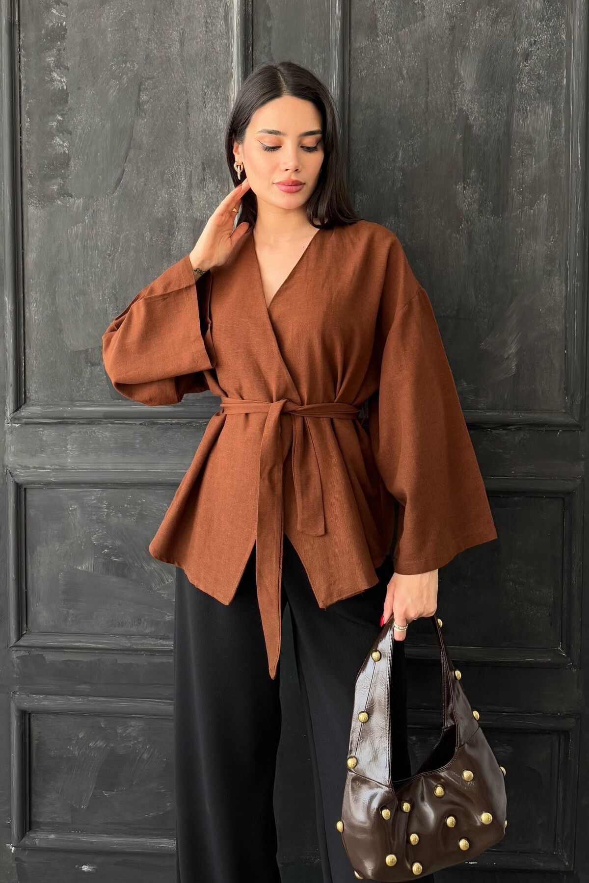 BLUSS Kadın Kuşaklı Kimono Tarzı Salaş Ceket Bluz - Kadın Oversize Şık Dökümlü Üst