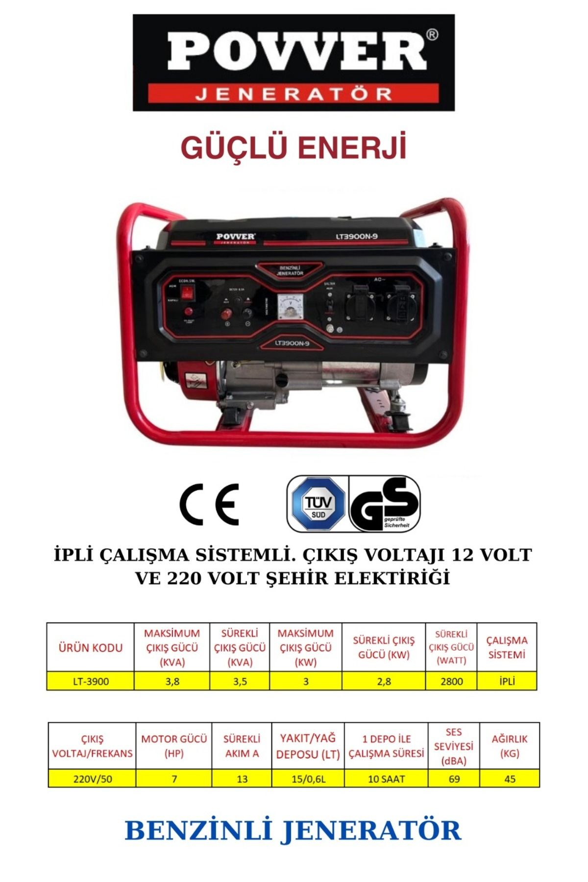 POWER Lt3900 3.8 Kva 3.0 Kw Benzinli Jeneratör Ipli