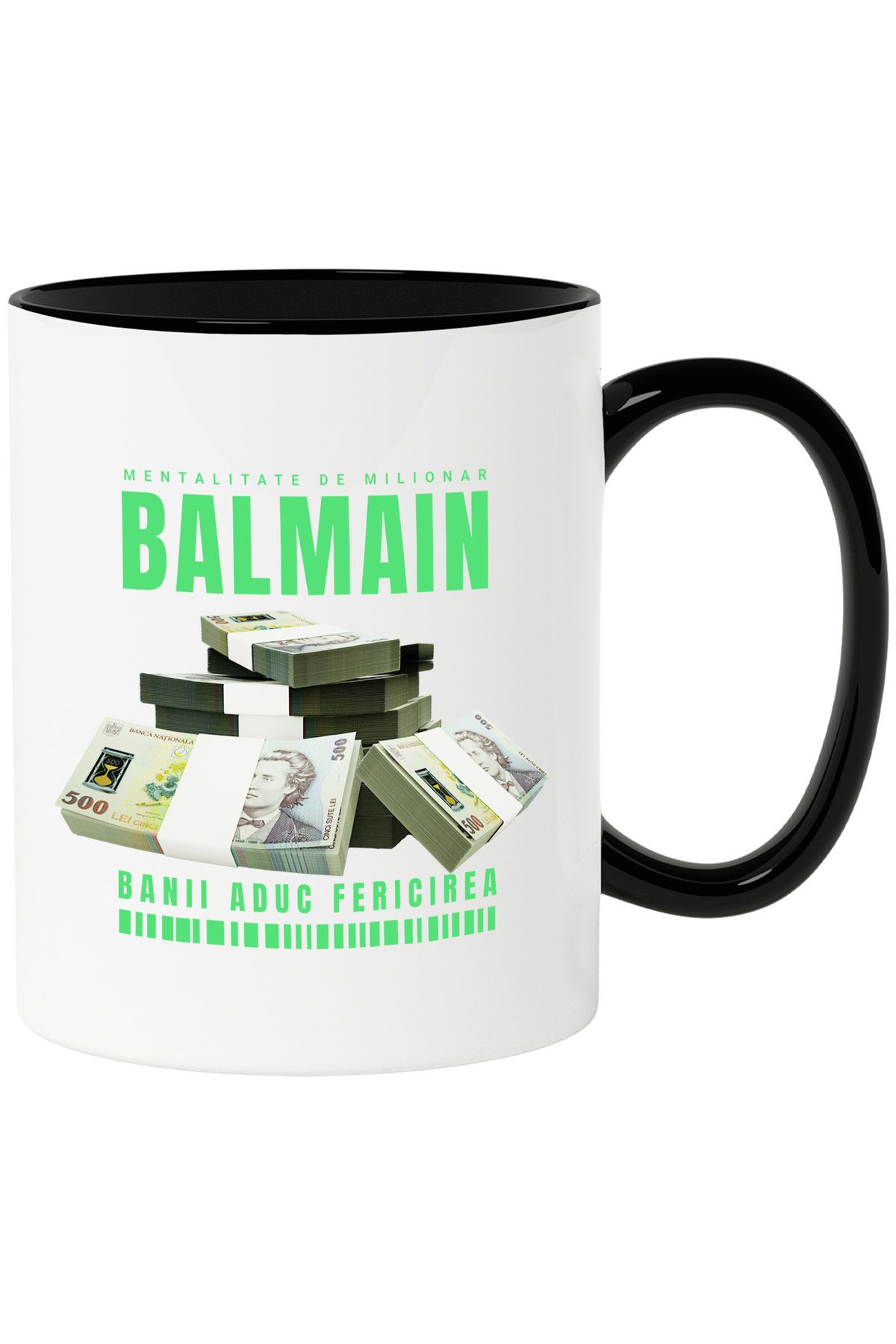 StoryGift Romania Cana _balmain_ - Banii Aduc Fericirea, 330ml, Ceramica Cu Maner Negru, Cu Maner Negru,stg - One Size