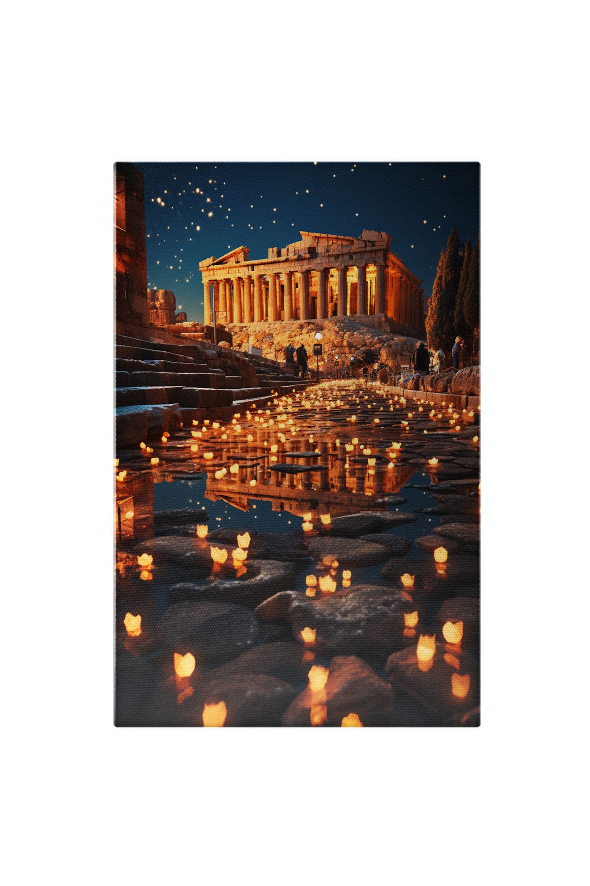 StoryGift Romania Tablou Canvas: View Drum Cu Pavele Cladire Stil Ateneu Lumanari Aprinse Pictura Digitala - 40 x 25