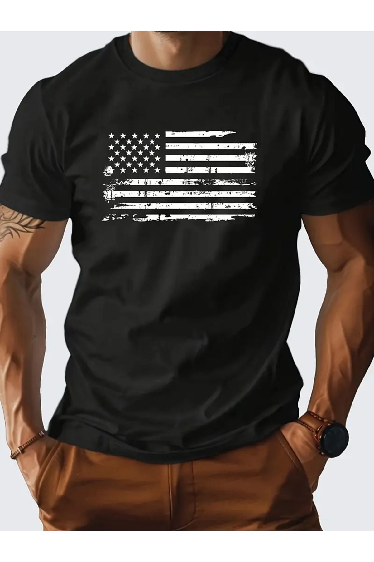 AEMİ Unisex American Flag Baskılı Oversize Bisiklet Yaka T-shirt