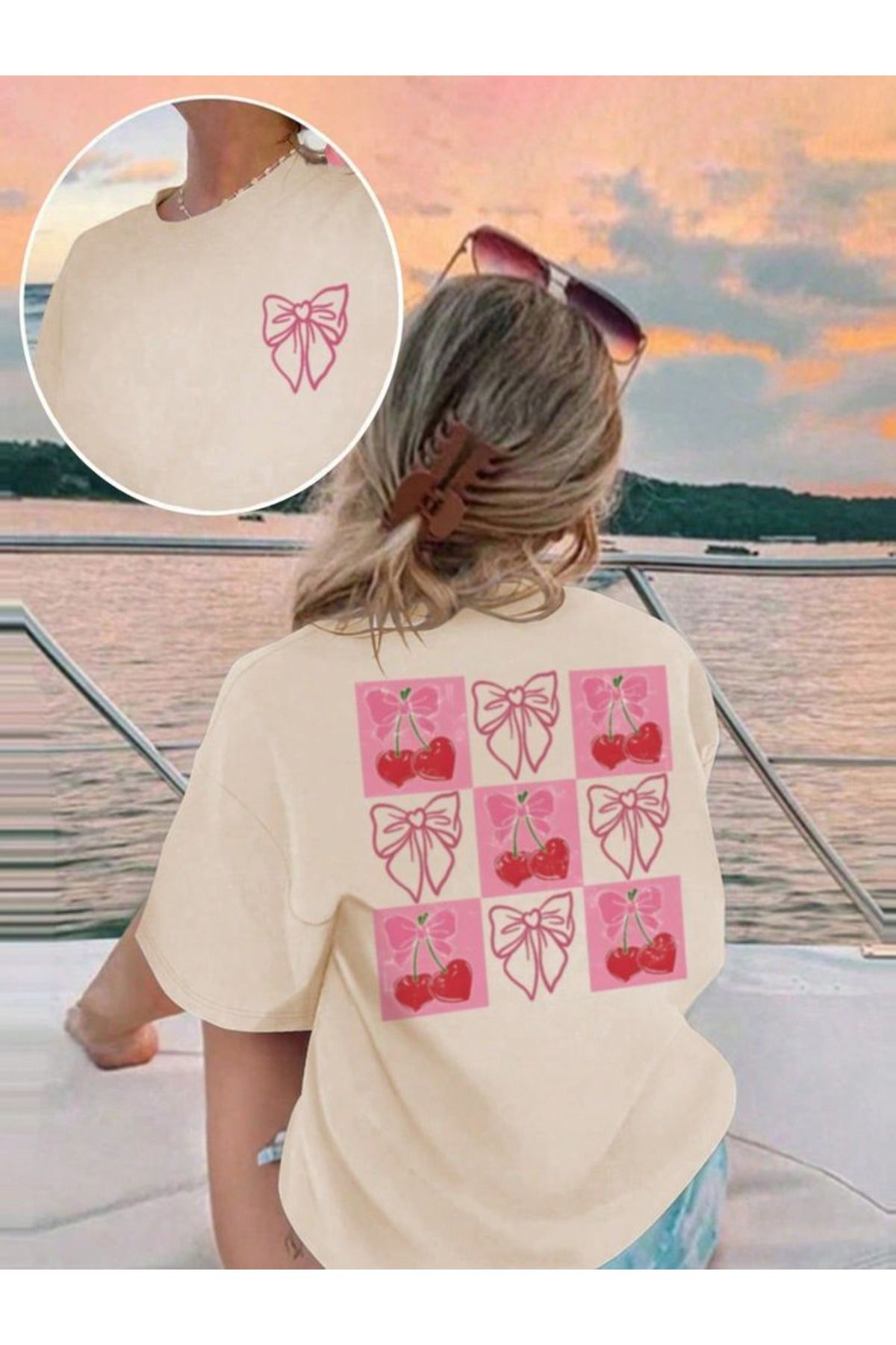 aynewmoda Kız Çocuk Günlük Yaz Kısa Kollu Yuvarlak Yaka Sırt Baskılı Tişört