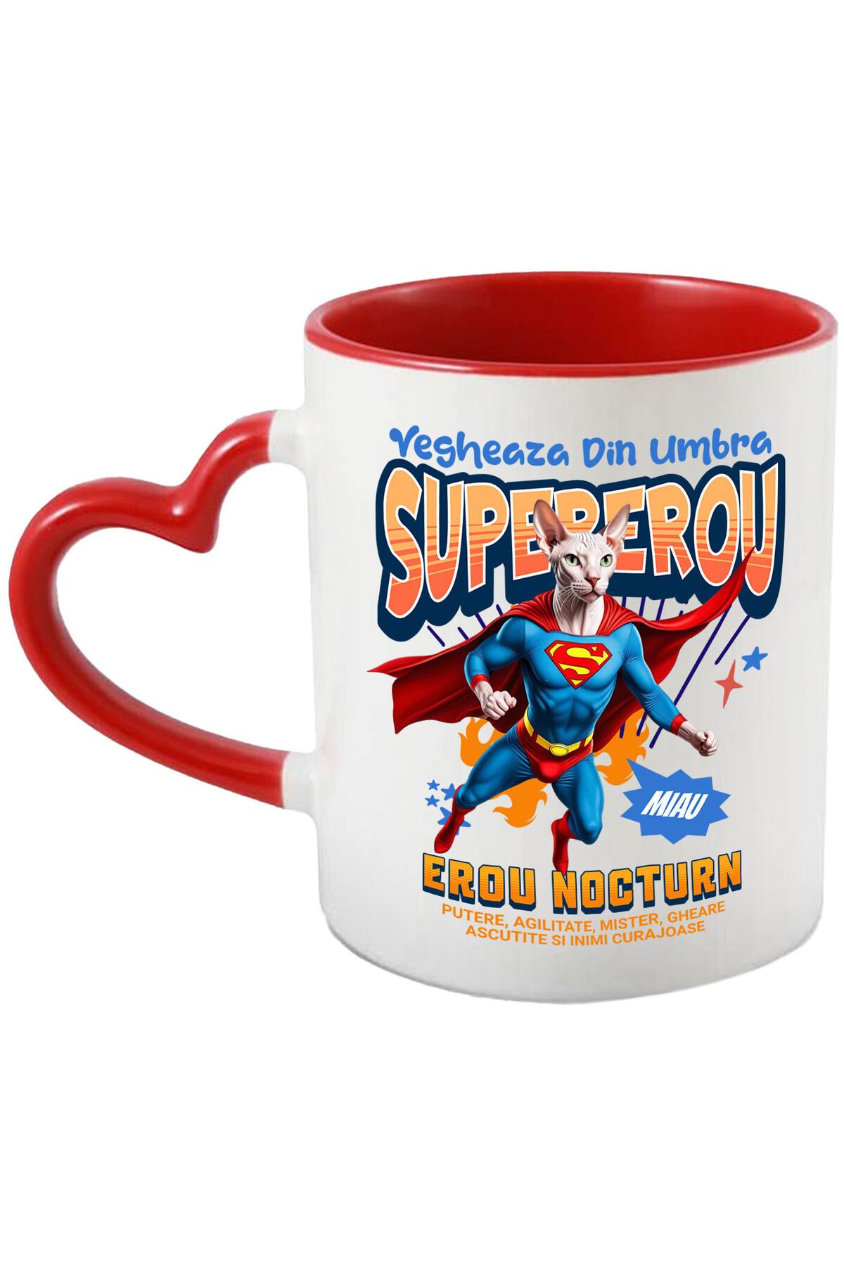 StoryGift Romania Cana Cu Sphynx Pisica In Costum De Superman Cu Pelerina, Erou Nocturn, Desene An, Cu ,stg - One Size