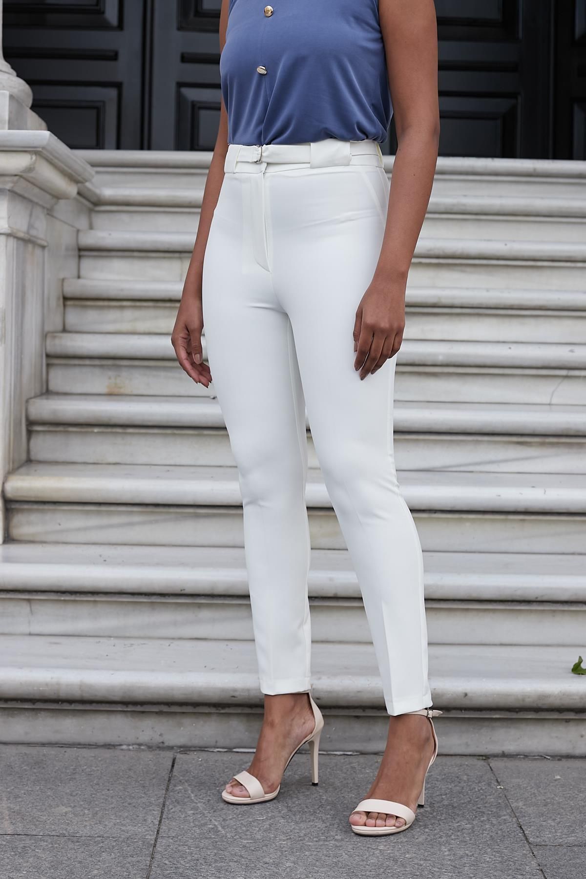 Jument-Curea groasă Cataramă D Lycra Pantaloni din stofă până la gleznă - crem 5