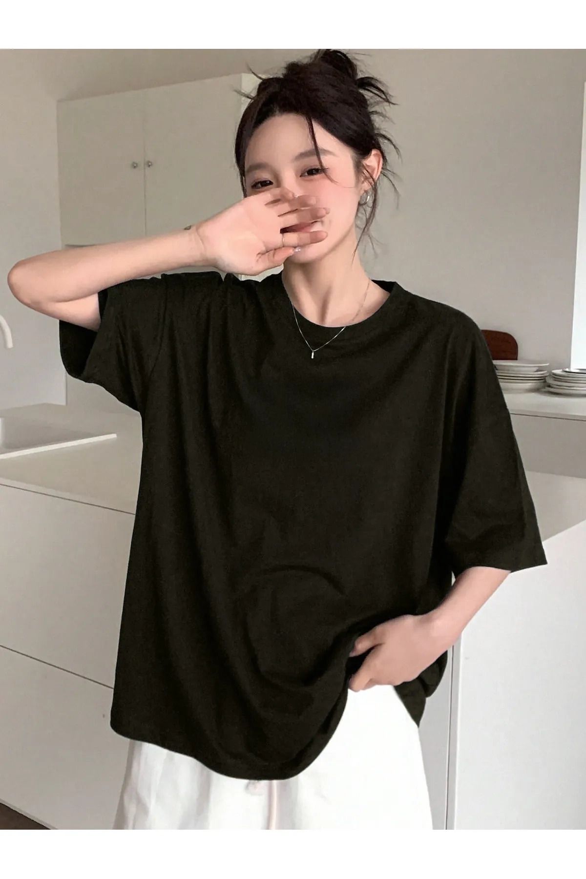Elnim Kadın Siyah Oversize Tshirt - Bisiklet Yaka Pamuklu