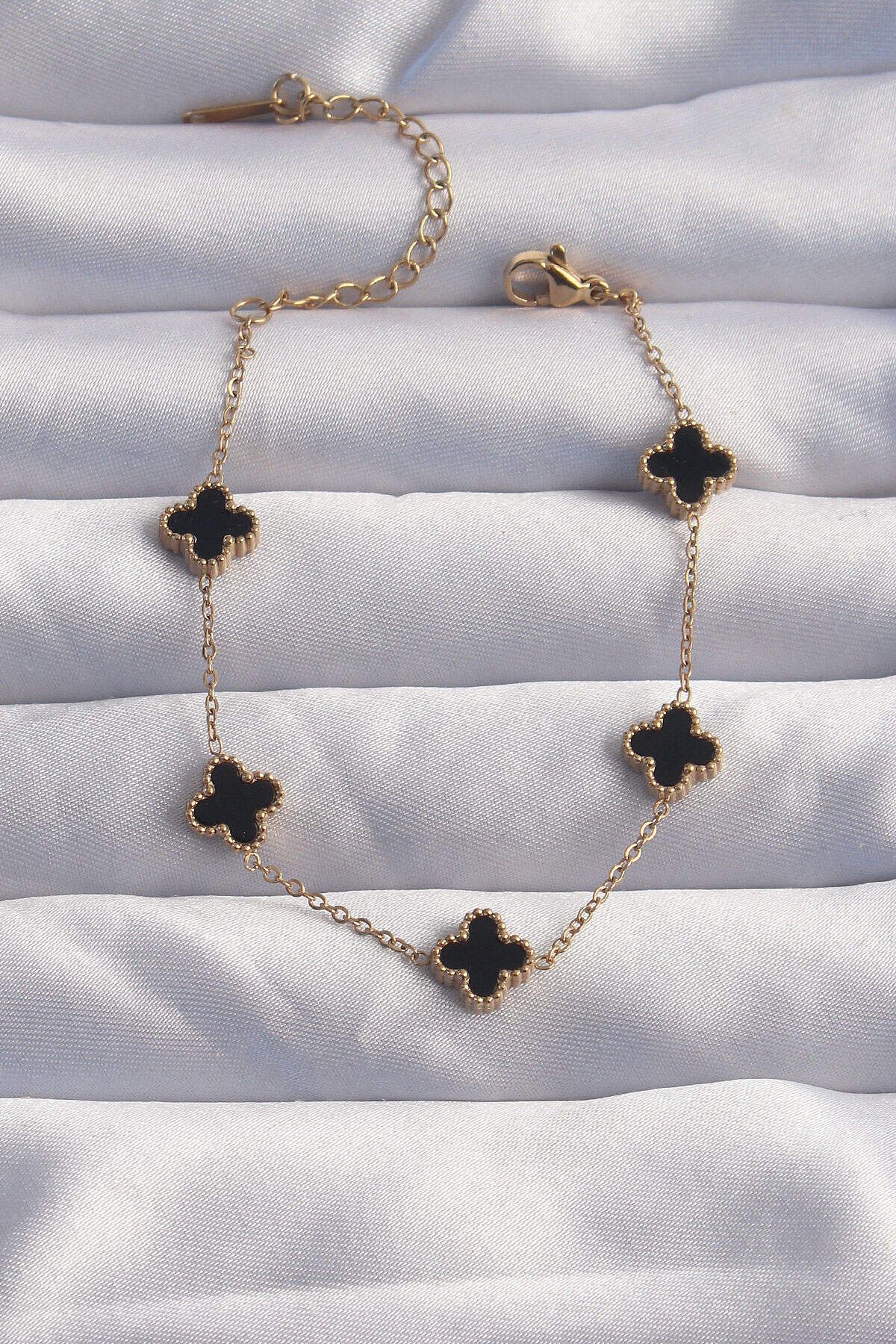 melfxxl eticaret 316L Çelik Baby Boy Gold Renk Siyah Mineli Yonca Bileklik - Lisinya