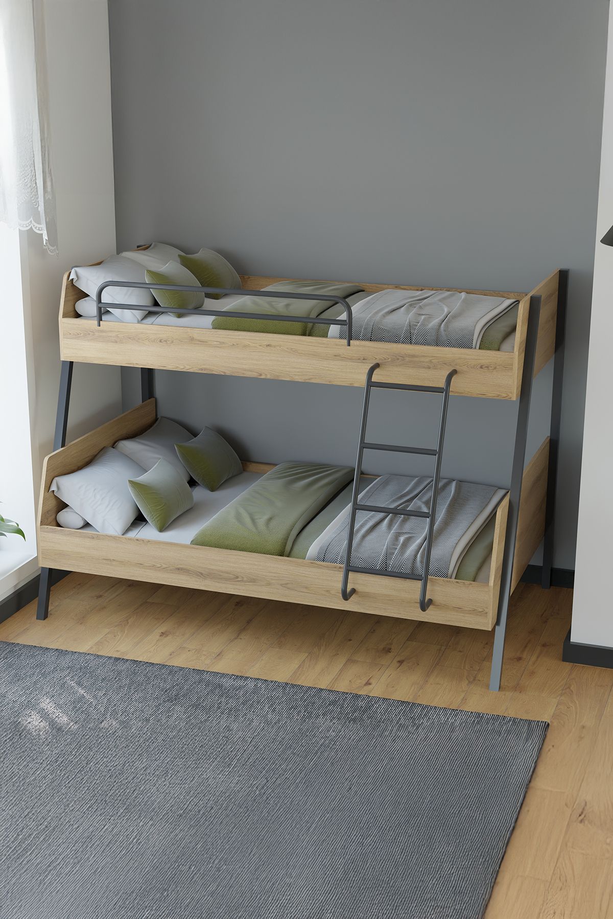 tino furniture Çift Katlı Metal Ayaklı Cardi Ranza Genç Odası Çocuk Odası 90x200 x 120x200