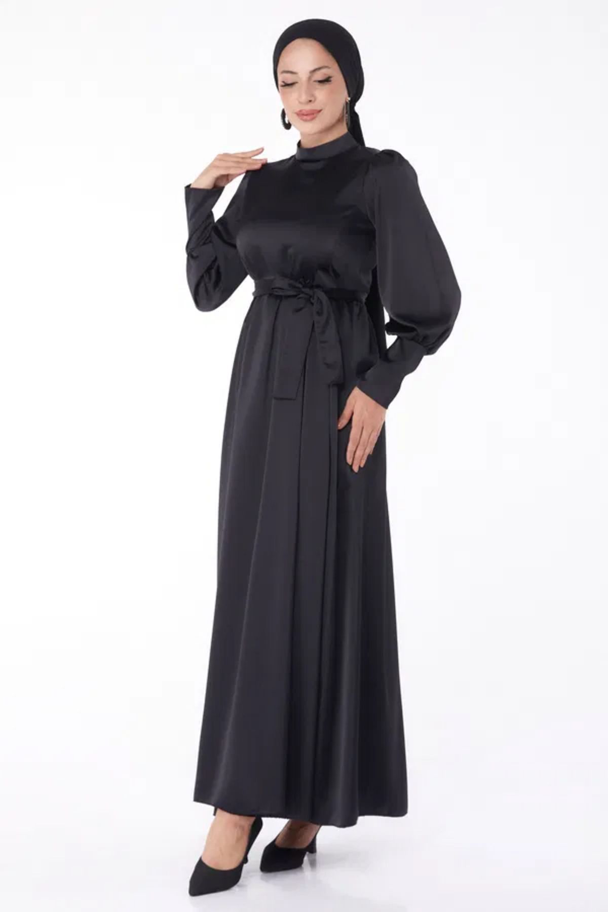 Butik Düz Hakim Yaka Kadın Kırmızı Kuşaklı Abiye Elbise
