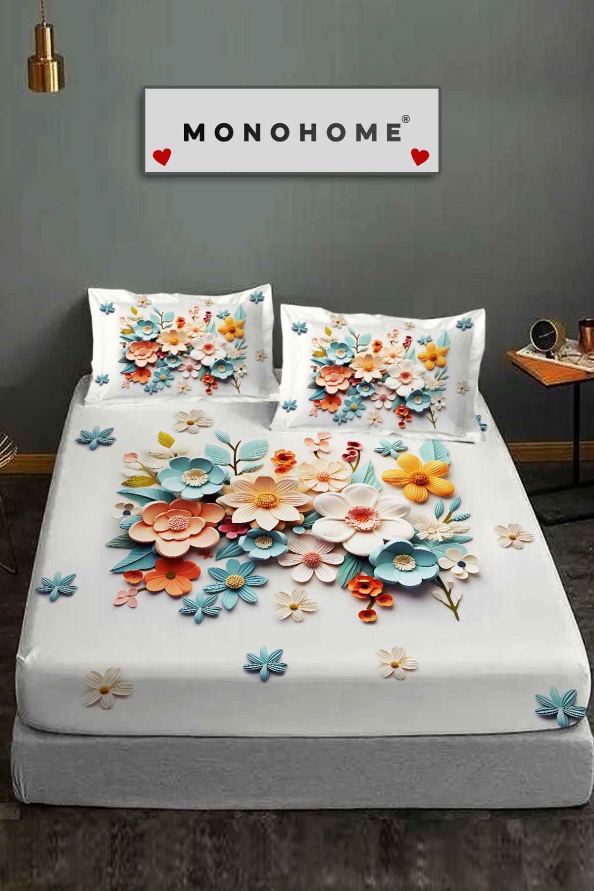 MonoHome Anneler Günü Özel Tasarım Lastikli Çarşaf %100 Pamuk 3D Dijital 60 Tel Lotus
