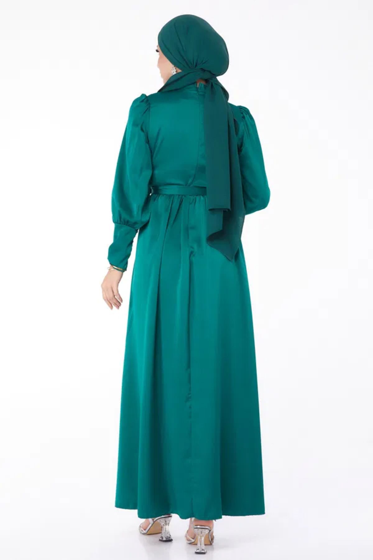 Butik Düz Hakim Yaka Kadın Kırmızı Kuşaklı Abiye Elbise