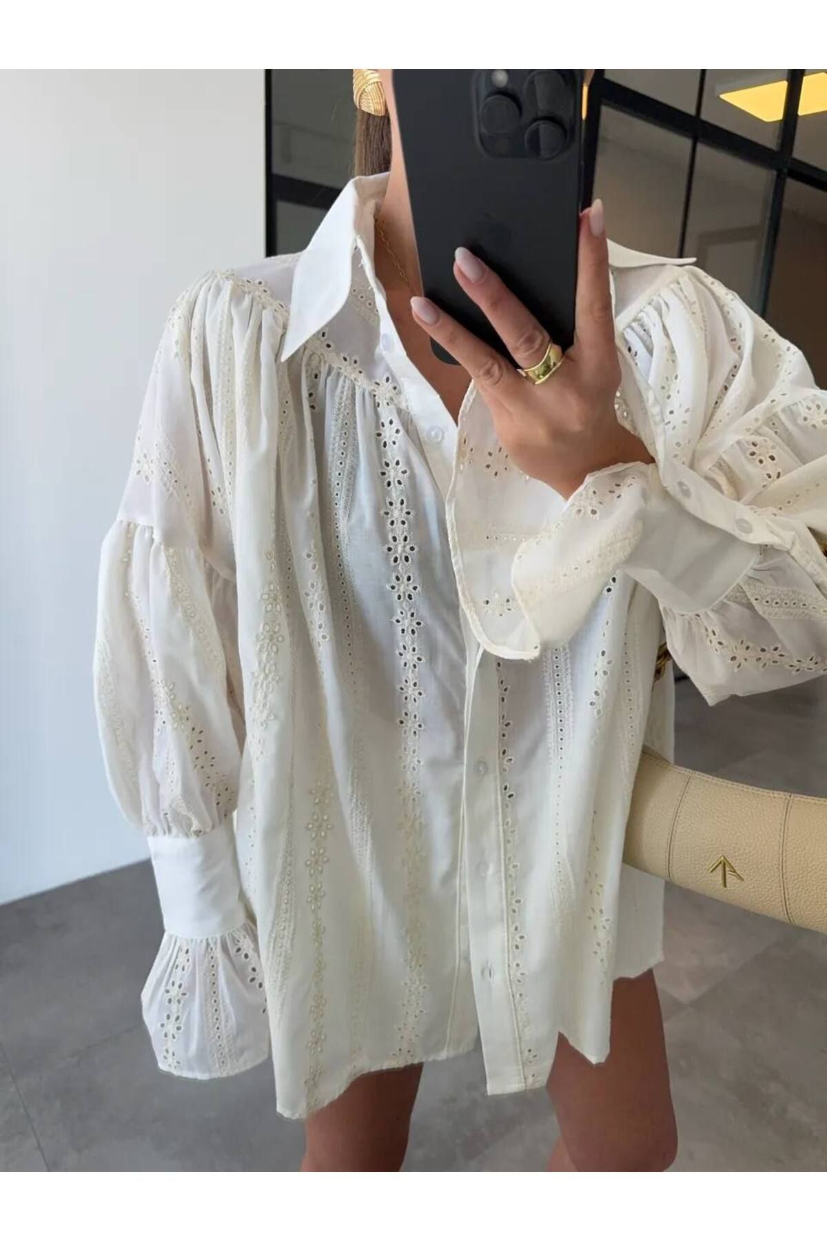 AlisaSu Ekru İspanyol Kol Oversize Fisto Detaylı Premium Gömlek