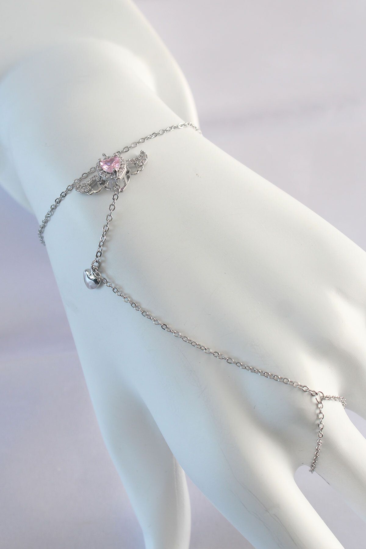 melfxxl eticaret 316L Çelik Gümüş Renk Pembe Zirkon Taşlı Kanatlı Kalp Model Şahmeran - Lisinya