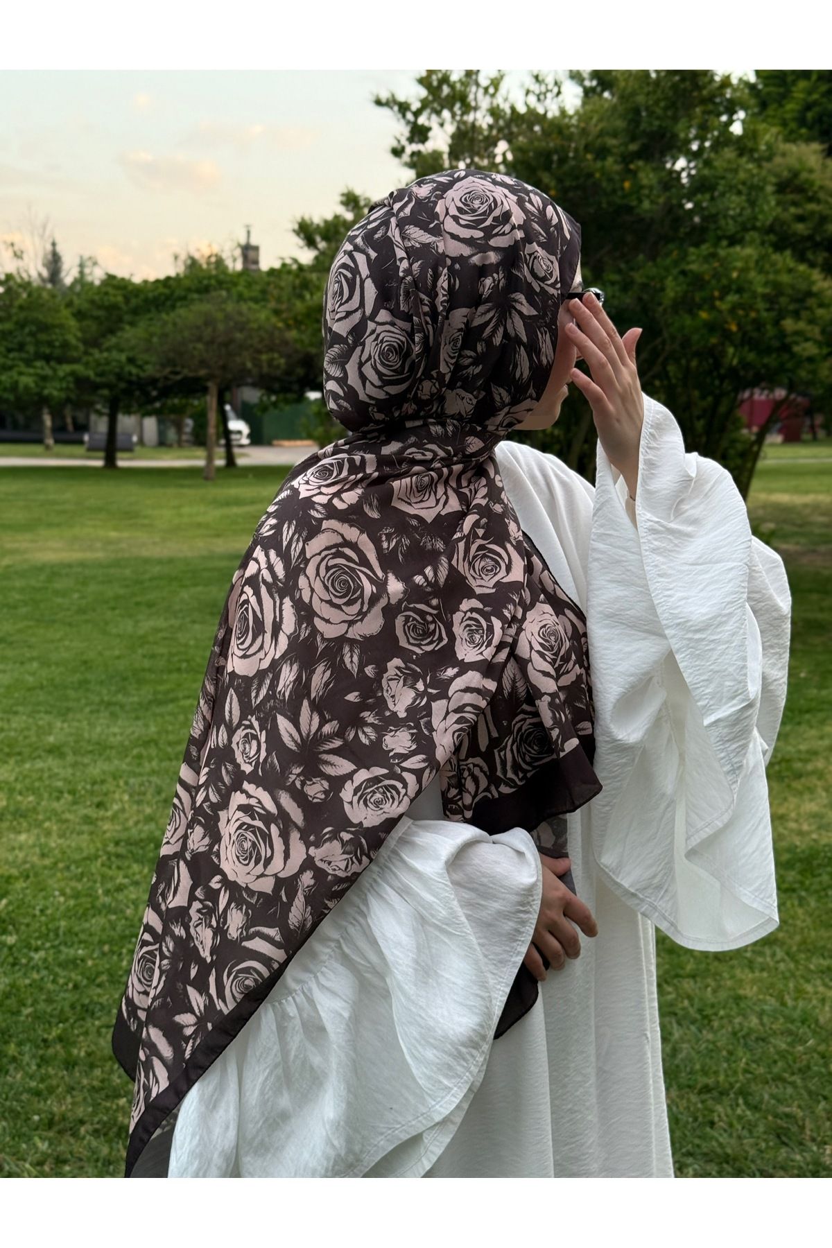 Qalortex Scarf Pamuklu Soft Roza Desen Şal-Kahve/Somon