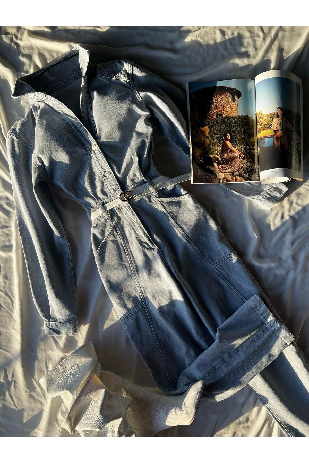 TamSeninTarzin Amelia Original Dikiş Detaylı Denim Tulum