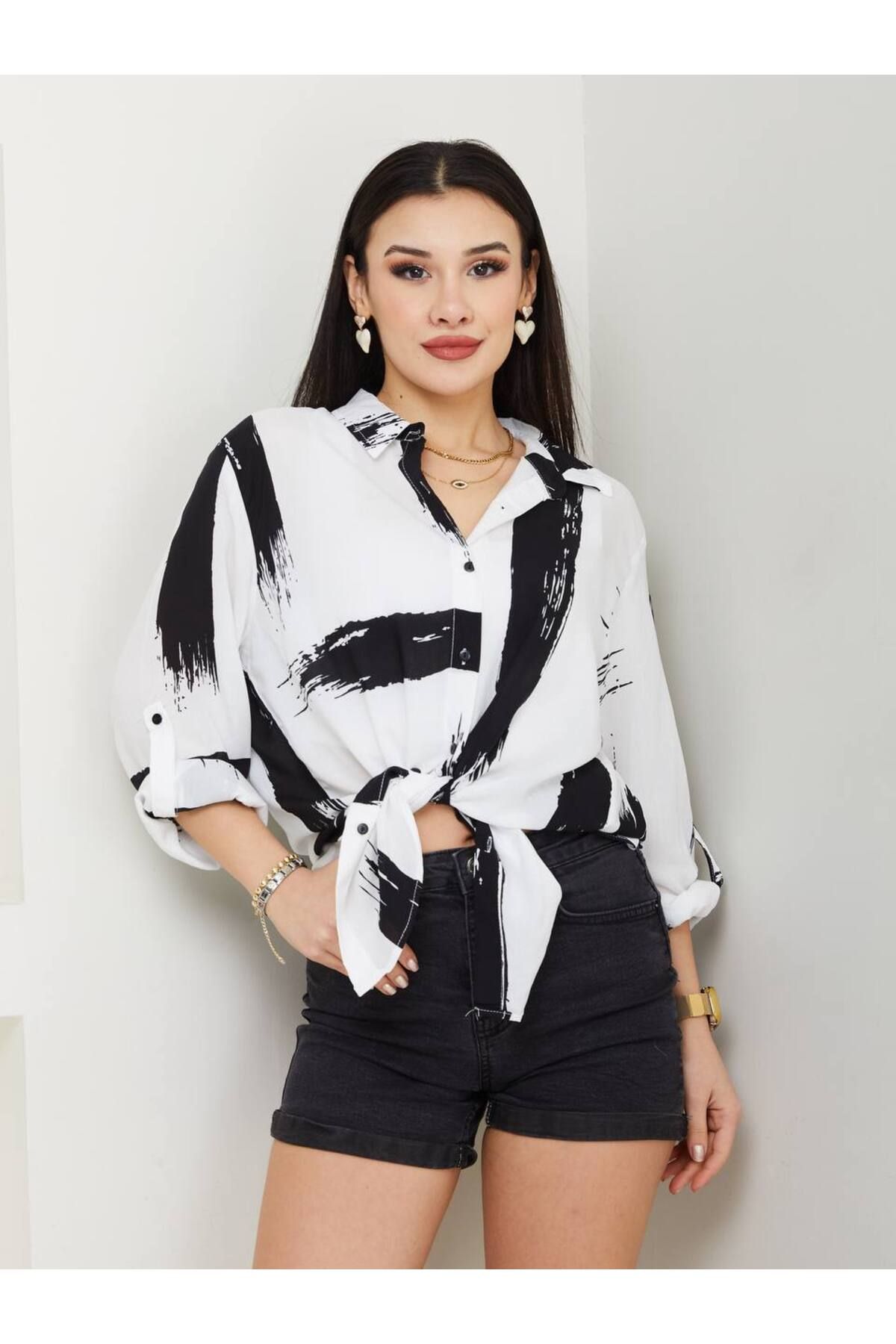 AKA Butik Kadın Uzun Kol Desenli Gömlek-AYN
