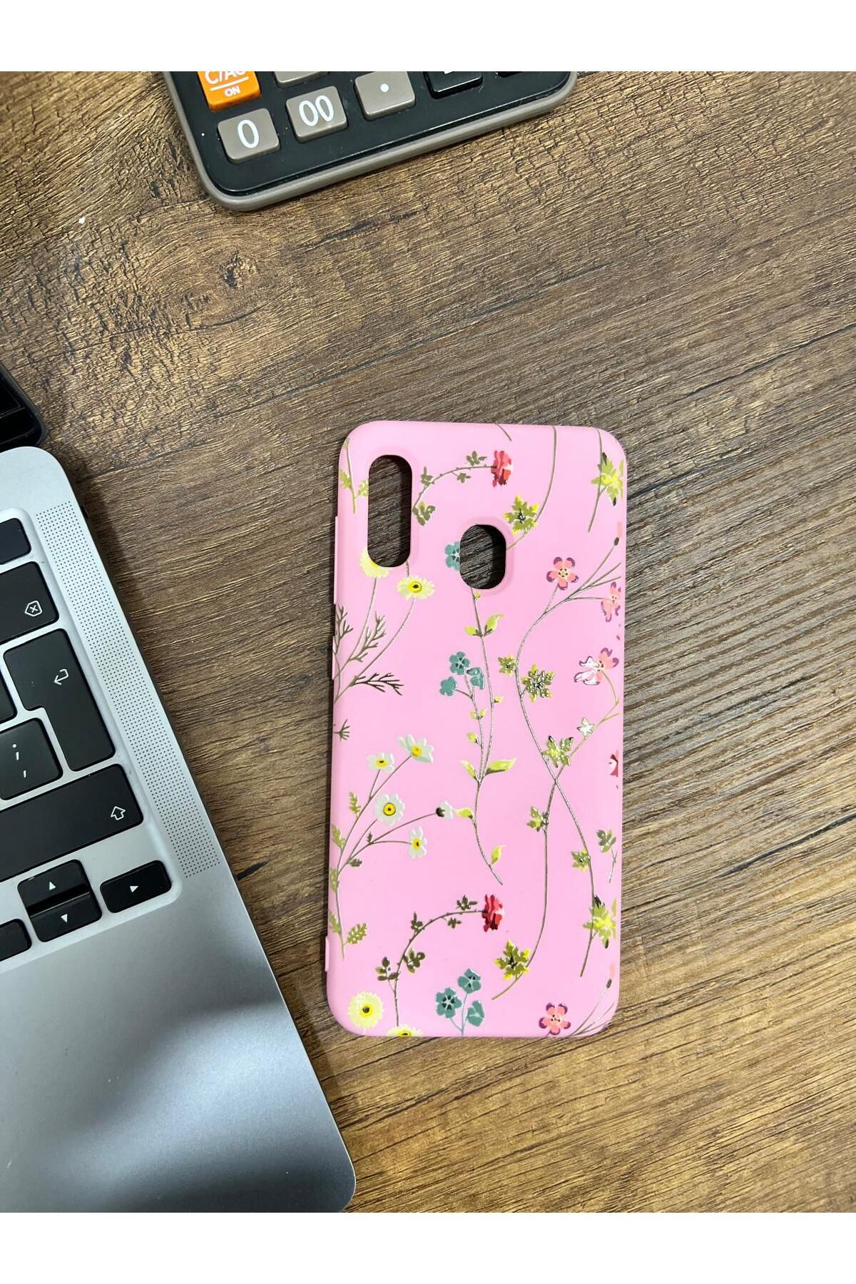HZR Samsung A20 Çiçek Desenli Pembe Silikon Kılıf