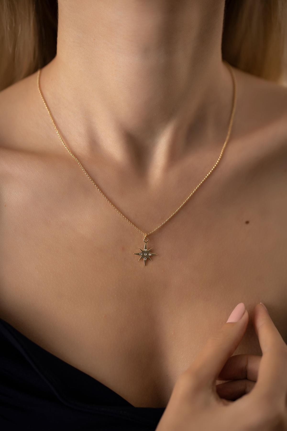 Ninova Silver Kutup Yıldızı Model Altın Kaplama Gümüş Crystal Kolye