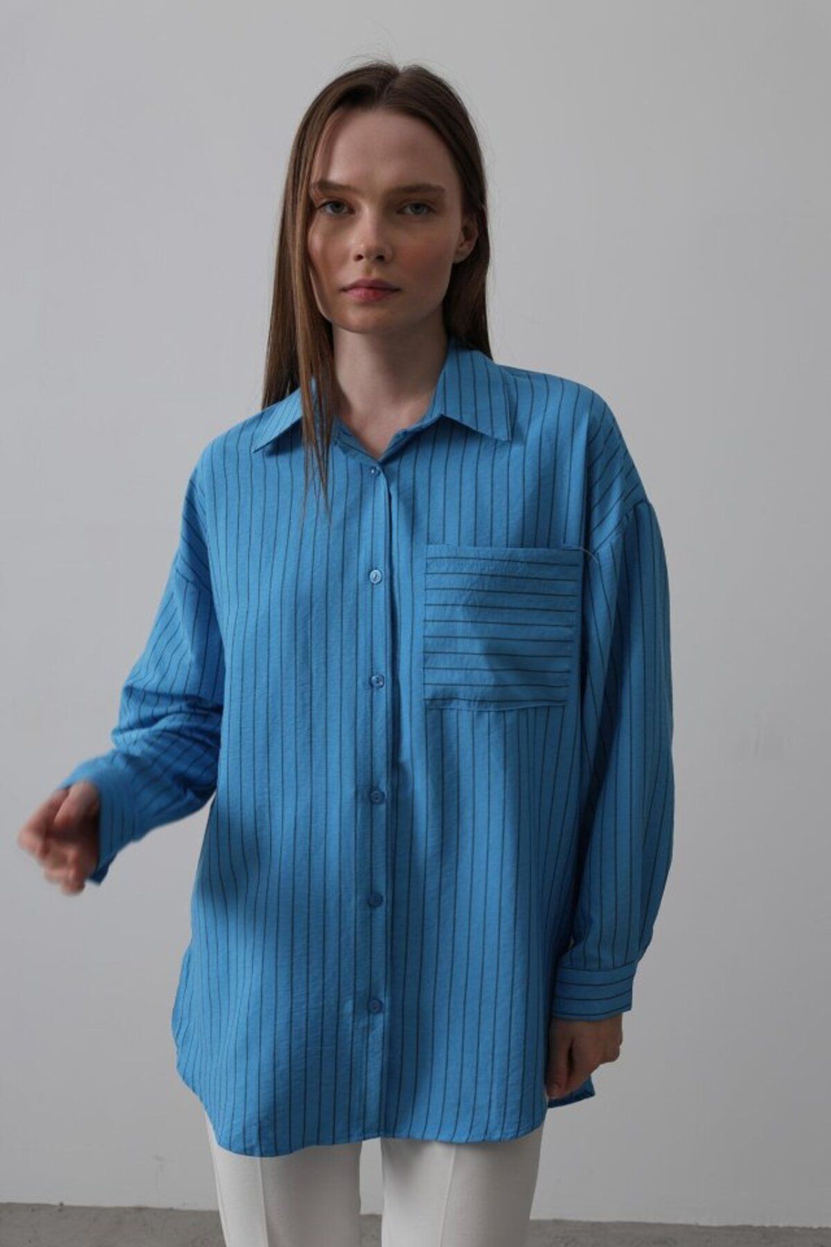 VELİZADE Yeni Sezon Konfor Modeli Yumuşak Dokulu Oversize Pamuklu Çizgili Tunik Boyfriend Gömlek Tesettür
