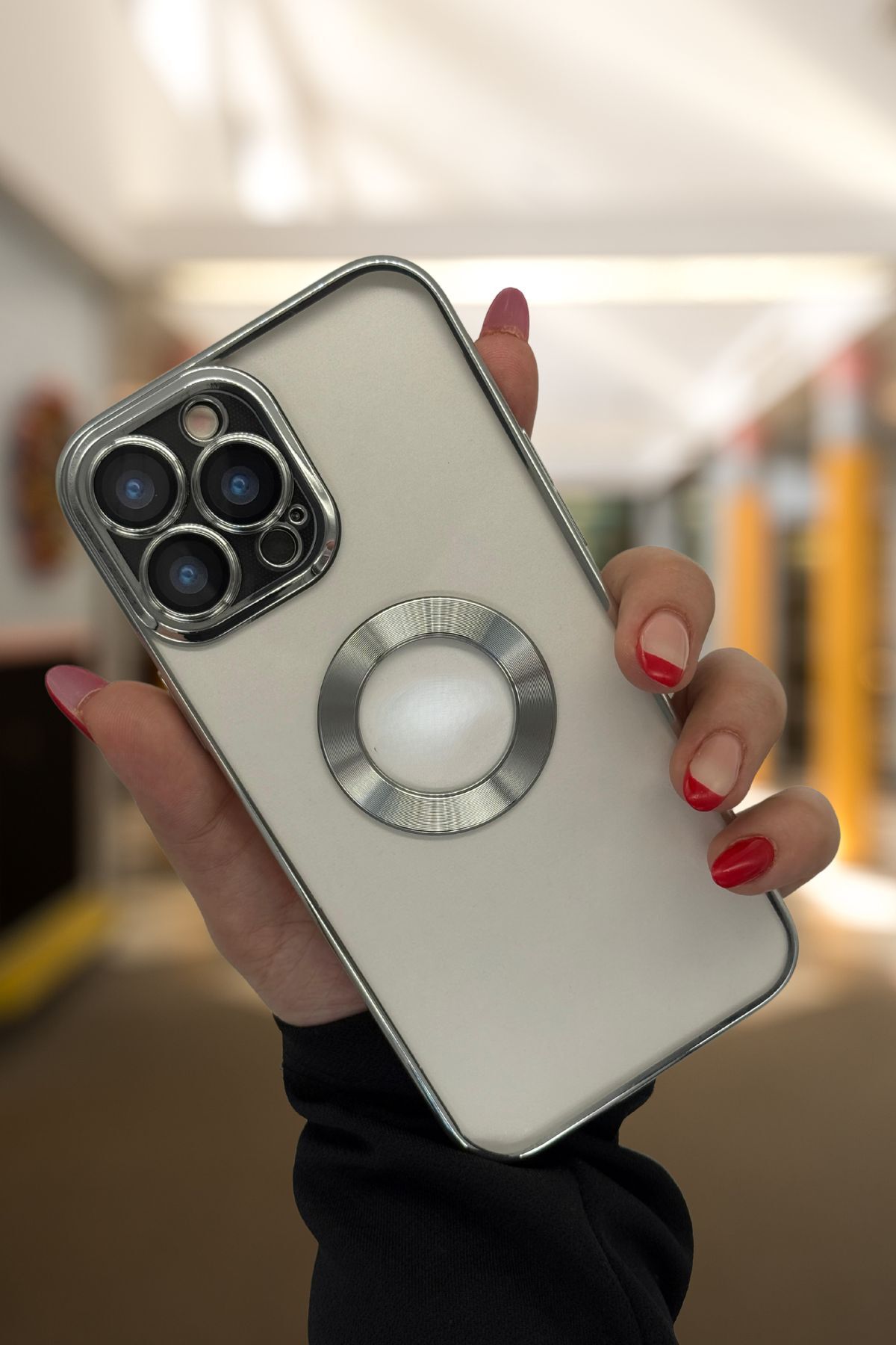 PSGT apple ( Iphone 12 promax ) Uyumlu Kılıf Logo Yeri Açık Metalik Kılıf Şeffaf Silikon