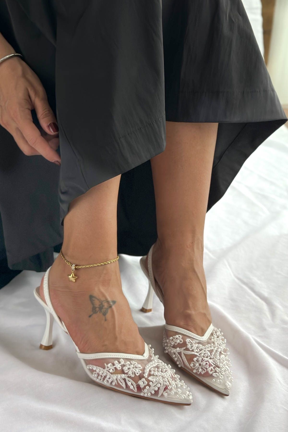 Shoebutik Wedding Beyaz Tül İnci İşlemeli Topuklu Kadın Stiletto