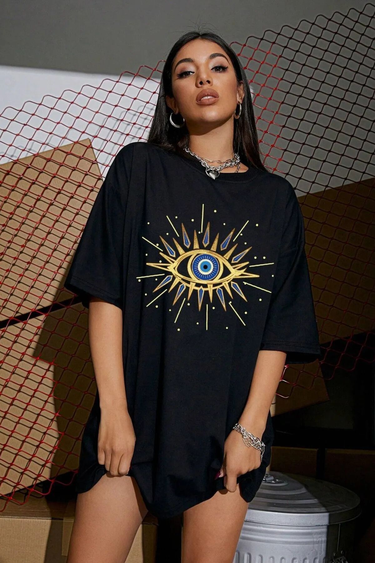 ELNOYA Unisex Kadın Oversize Tişört Siyah Kısa Kol Gökbilim Baskılı Streetwear