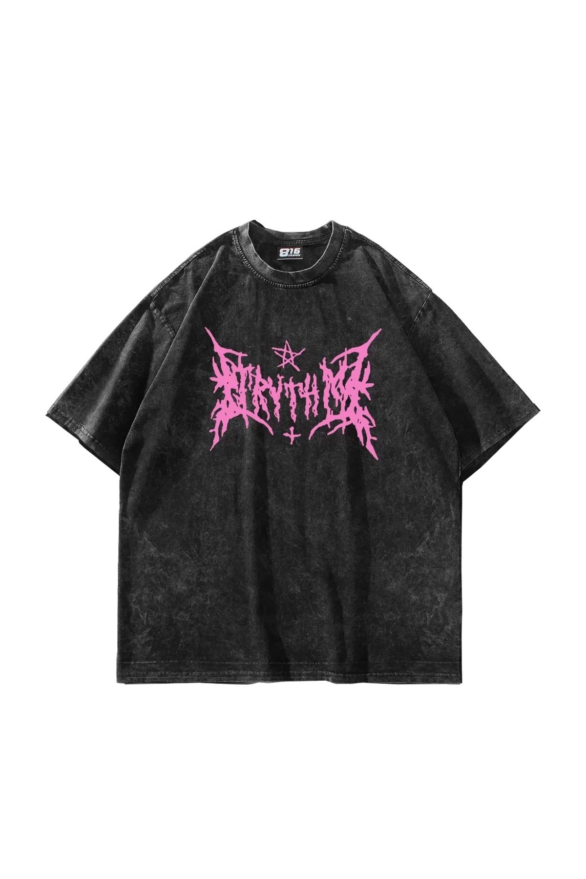 Bak Moda Pink Gotik Baskılı Oversize Unisex Yıkamalı Siyah Tshirt