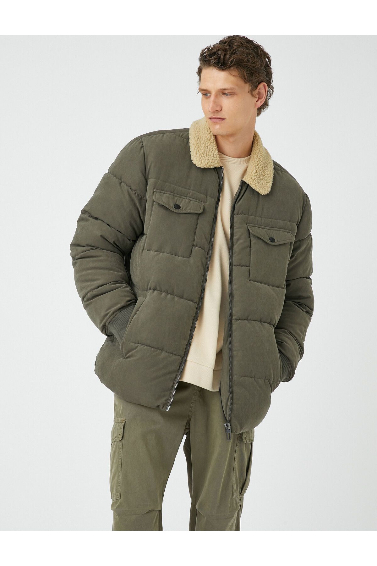 Koton-Puffer Jacket with Double Pockets and Zippered Plush Collar Detail 1