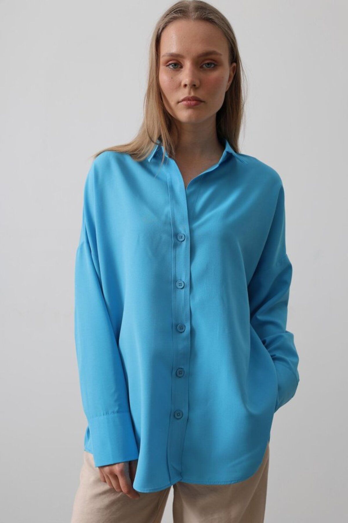 VELİZADE Kadın Konfor Modeli Turkuaz Manşetli Polo Yaka Pamuklu Oversize Uzun Kol Lüks Tunik Gömlek Tesettür