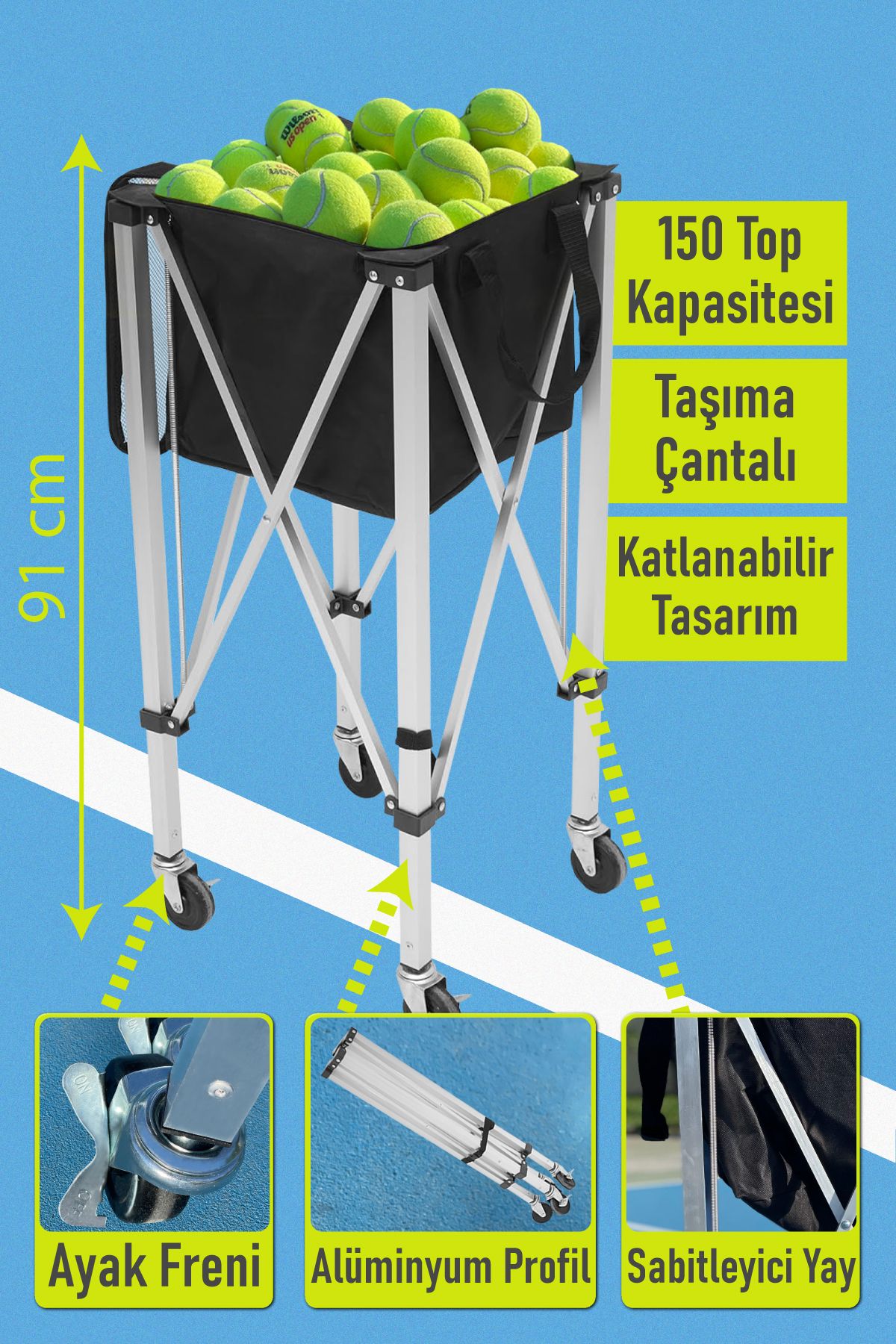 Blooma Tekerlekli Tenis Topu Sepeti 150 Top Kapasiteli Siyah