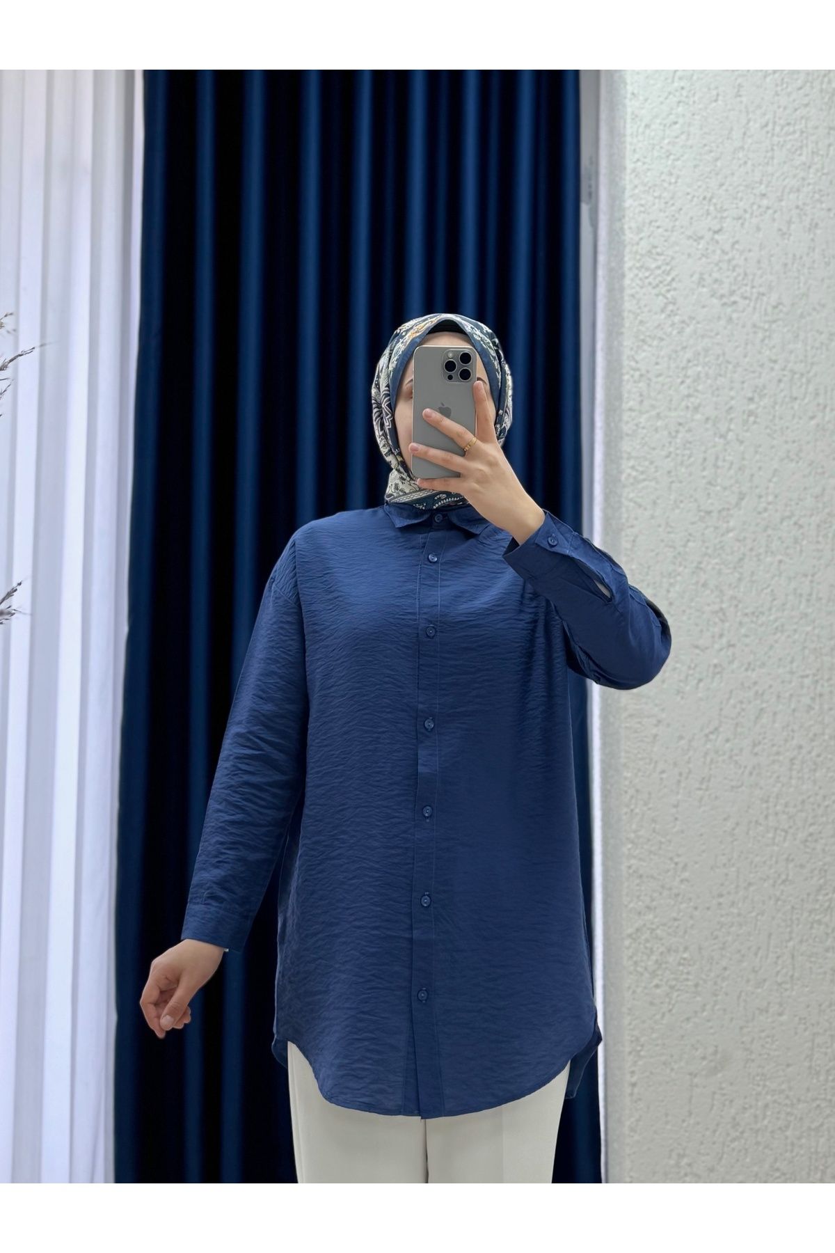 Ebrar Store Sorique Önü Kısa Arkası Uzun Düz Çilek Gömlek-Zİ2137 Lacivert