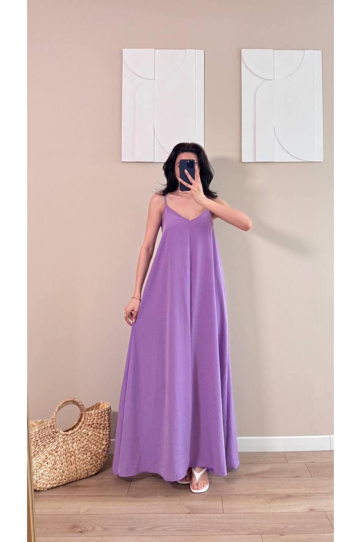 LOCH BUTİK Lila Askılı Modal Kumaş Maxi Elbise