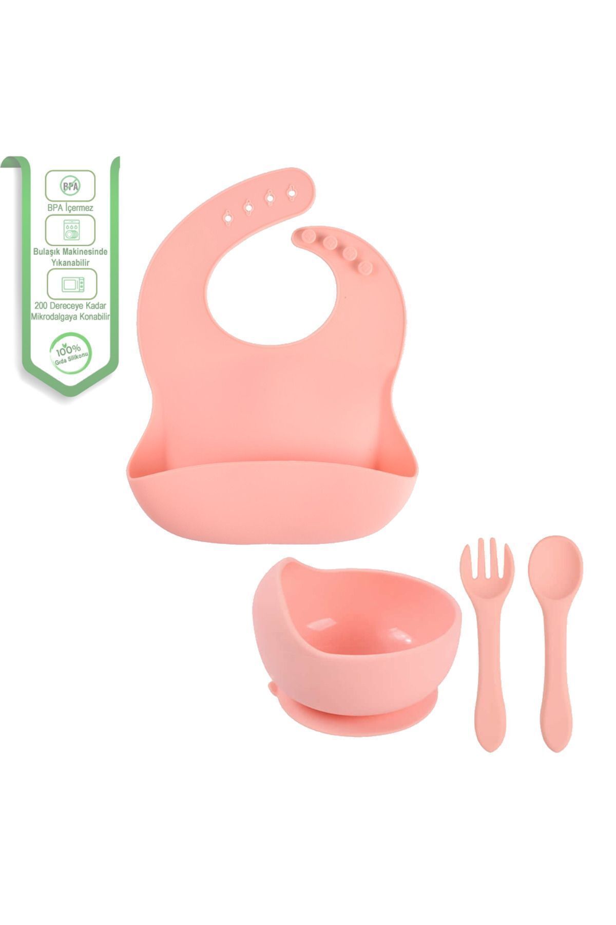 jojobebek Çocuk Silikon Mama Önlüğü, Silikon Vakumlu Kase, Silikon Kaşık Ve Çatal / Pembe fotoğrafı 6 (önizleme)