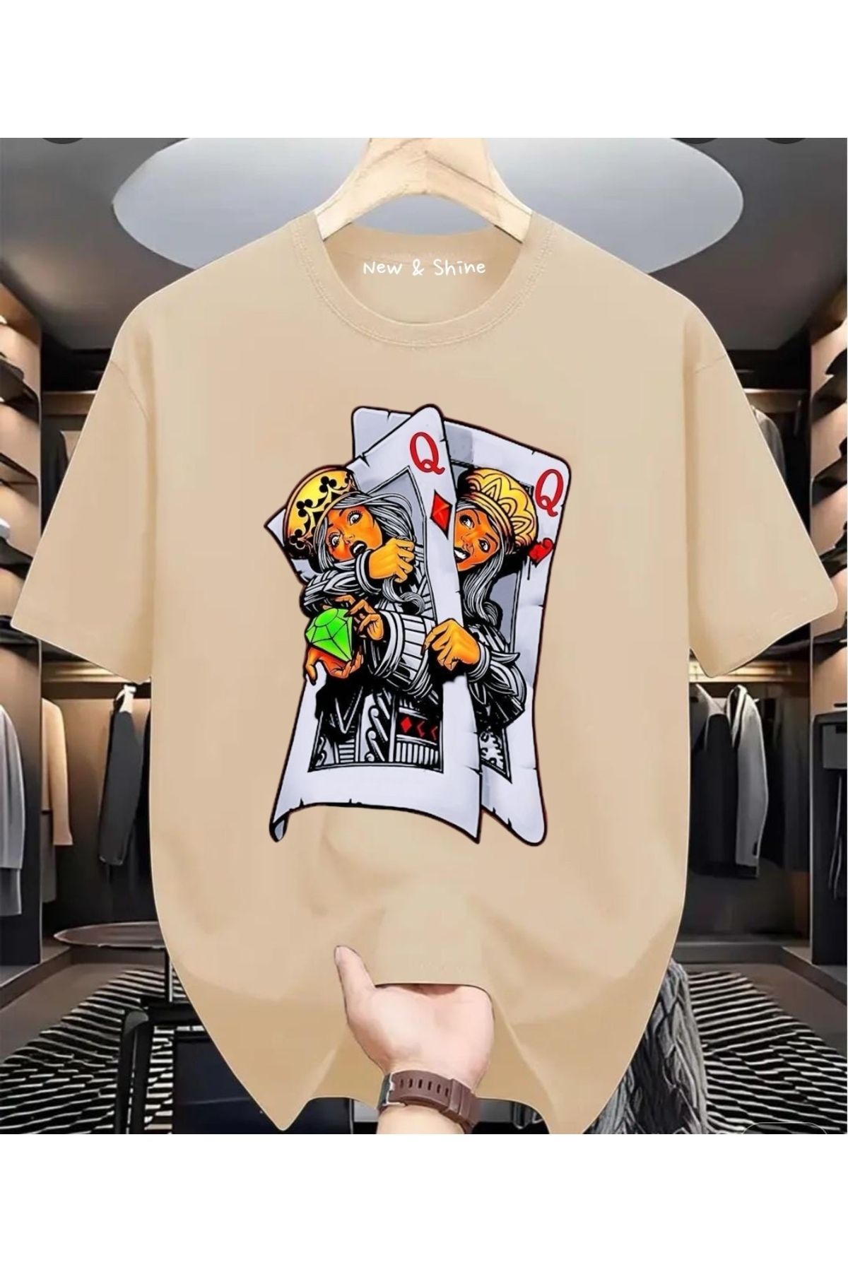 New Shine İskambil Kağıdı Kızlar Baskılı Oversize T-Shirt