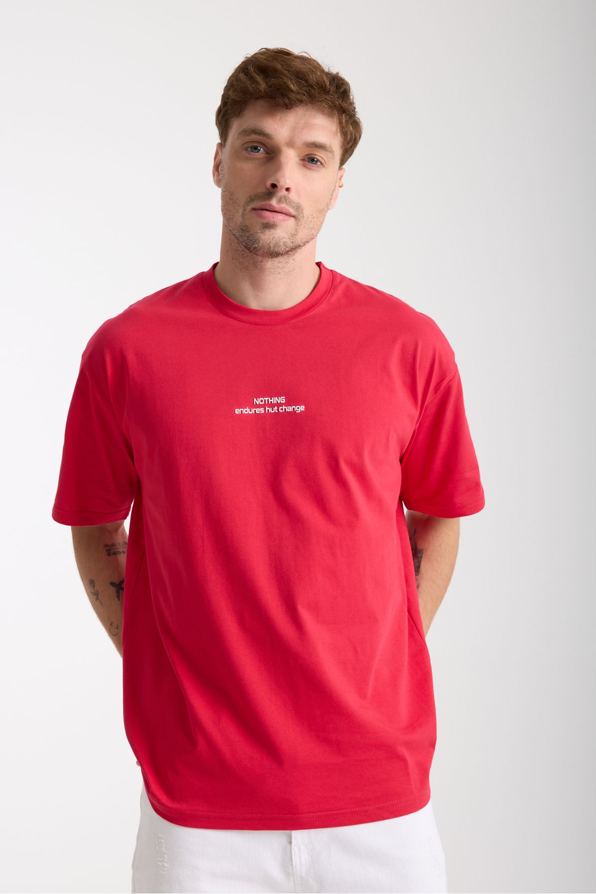 Tarz Cool Erkek Kırmızı Nothing Nakış Yazılı Oversize Bisiklet Yaka T-Shirt