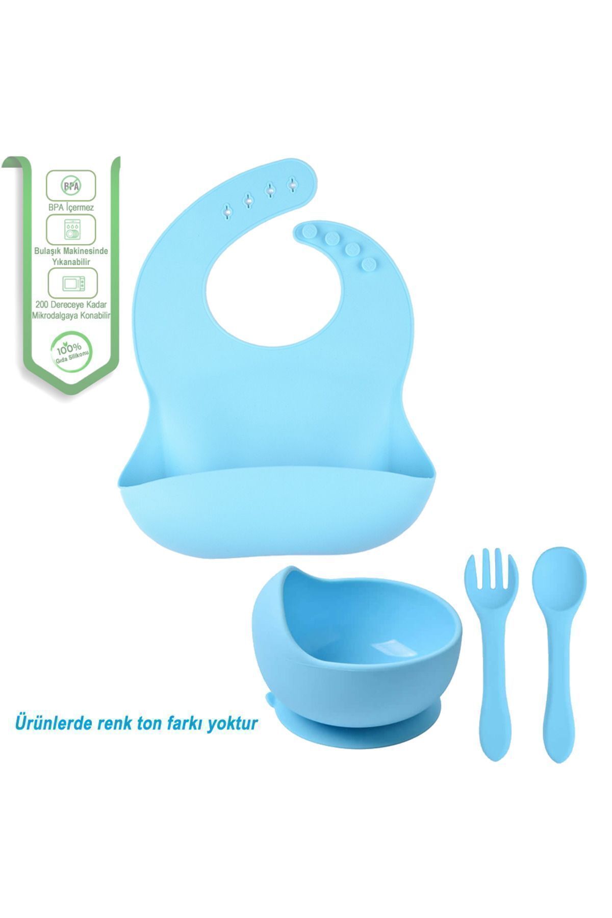 jojobebek Çocuk Silikon Mama Önlüğü, Silikon Vakumlu Kase, Silikon Kaşık Ve Çatal / Mavi fotoğrafı 4 (önizleme)