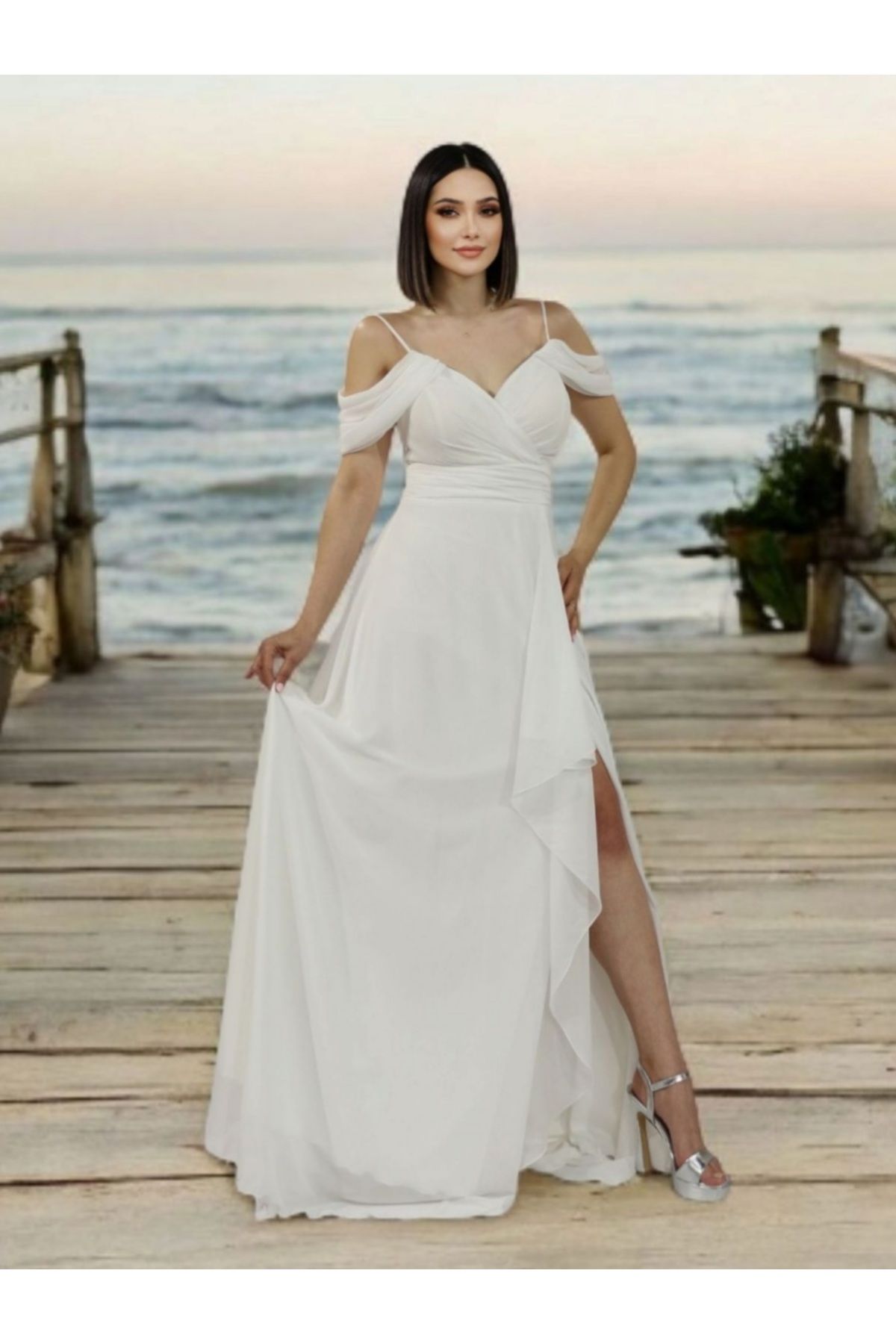 FaBe Fashion Kruvaze Yaka İp Askılı Düşük Omuzlu Yırtmaçlı Sırtı Bağcıklı Şifon Dış Çekim,Nişan Ve Nikah Elbisesi
