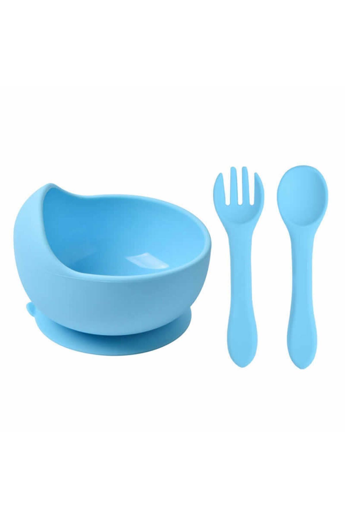 jojobebek Çocuk Silikon Mama Önlüğü, Silikon Vakumlu Kase, Silikon Kaşık Ve Çatal / Mavi fotoğrafı 2 (önizleme)