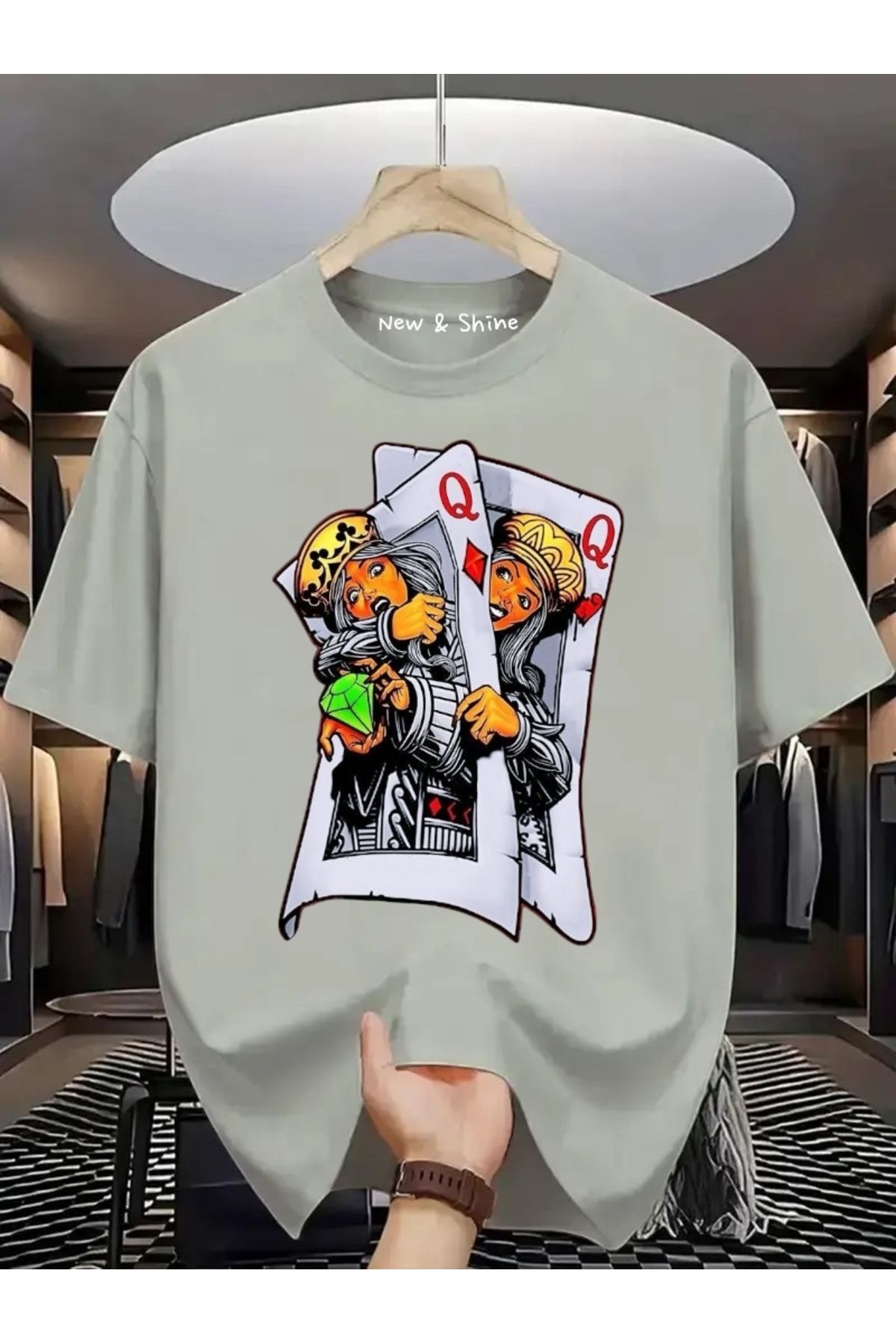 New Shine İskambil Kağıdı Kızlar Baskılı Oversize T-Shirt