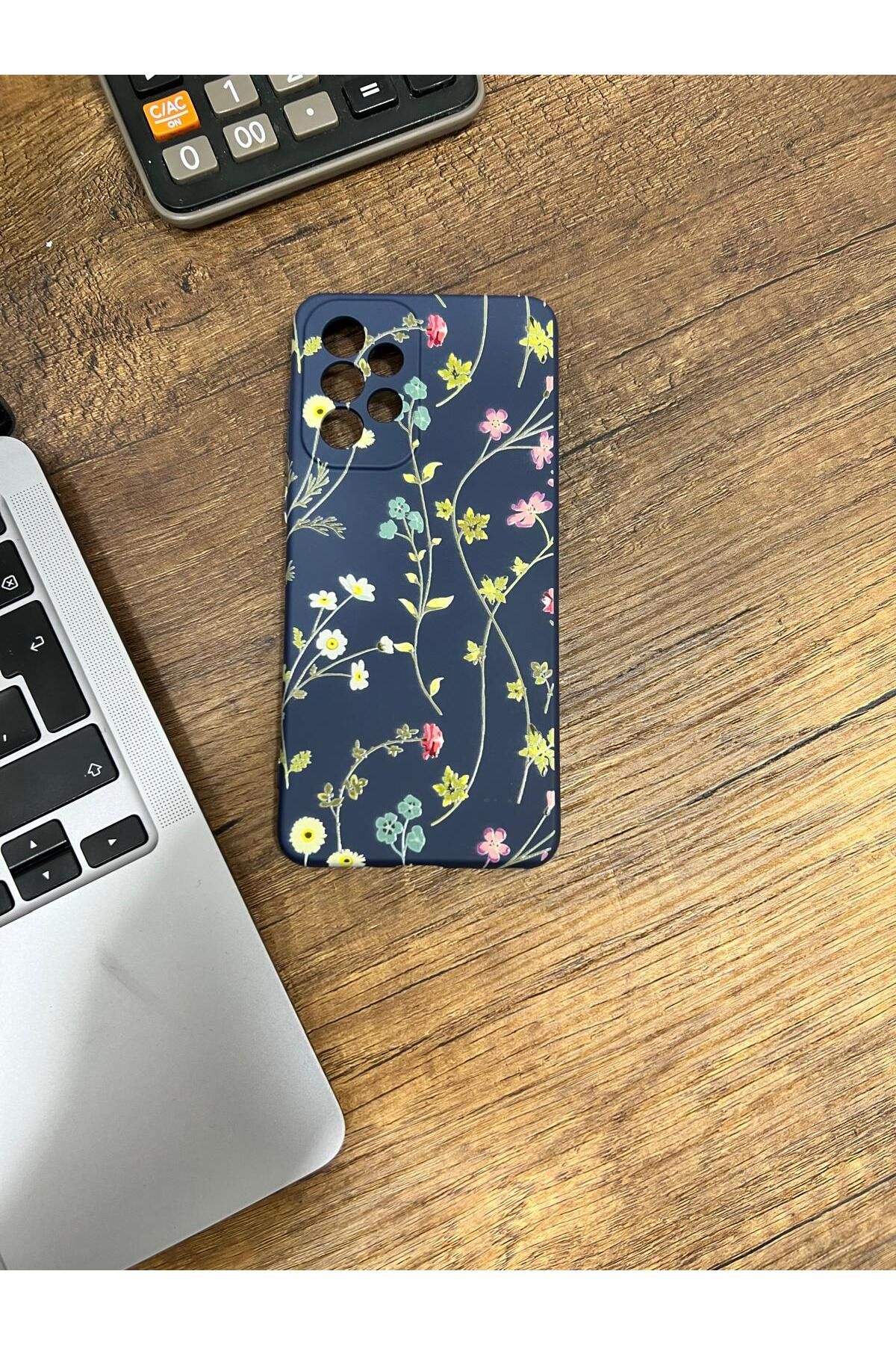 HZR Samsung A33 Çiçek Desenli Lacivert Silikon Kılıf