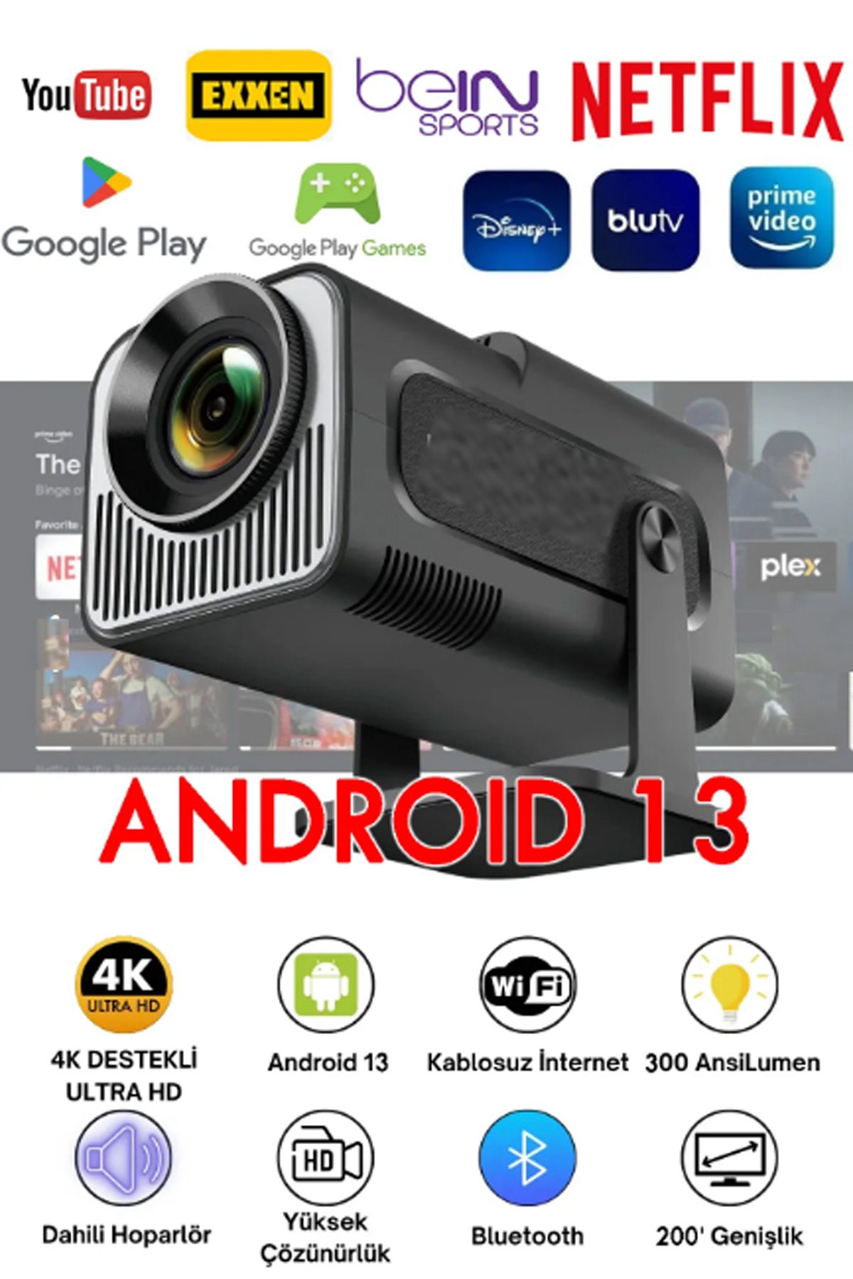 NEWPRO Taşınabilir Projeksiyon Sinema Sistemi Sesli Android 13
