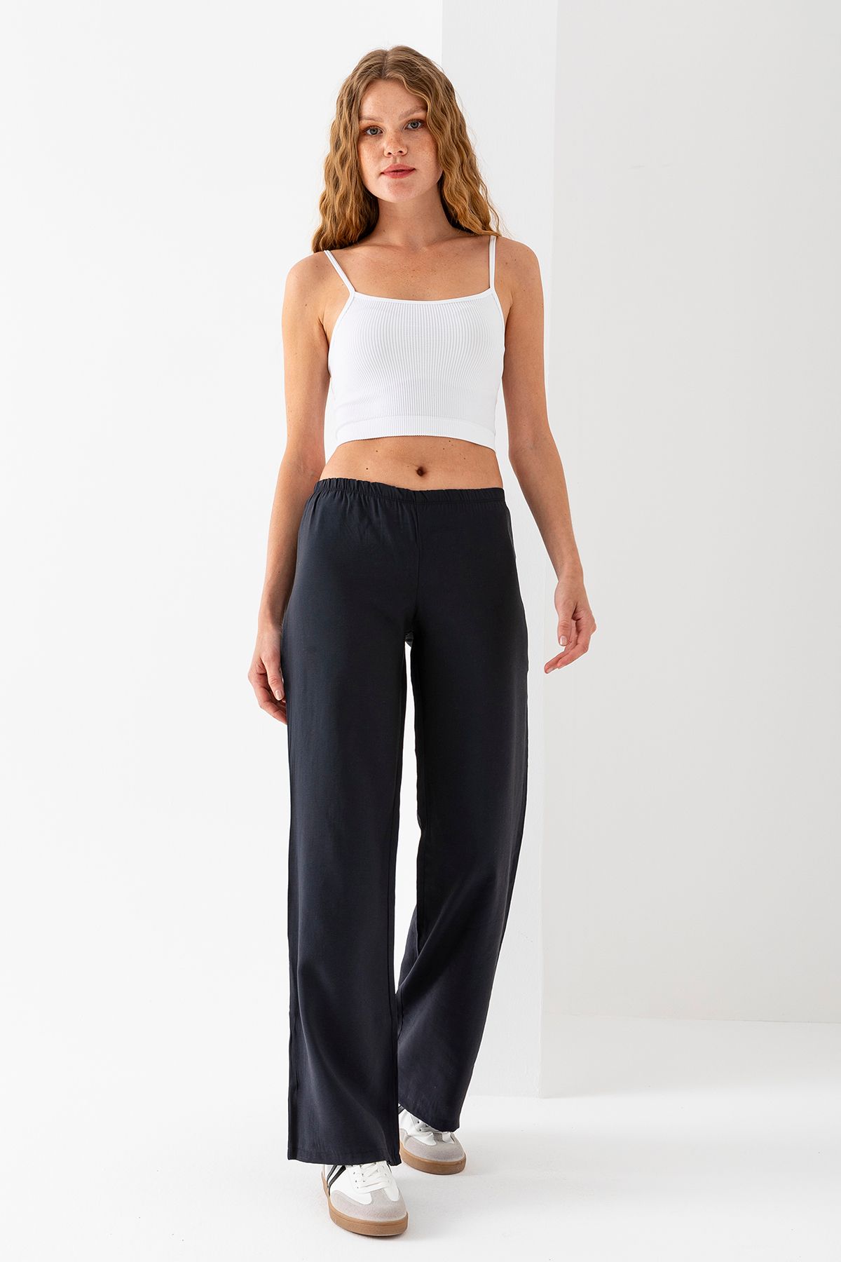 GİYSA Kadın Beli Lastikli Bol Paça Modal Kumaş Pantolon Siyah - MS0000680