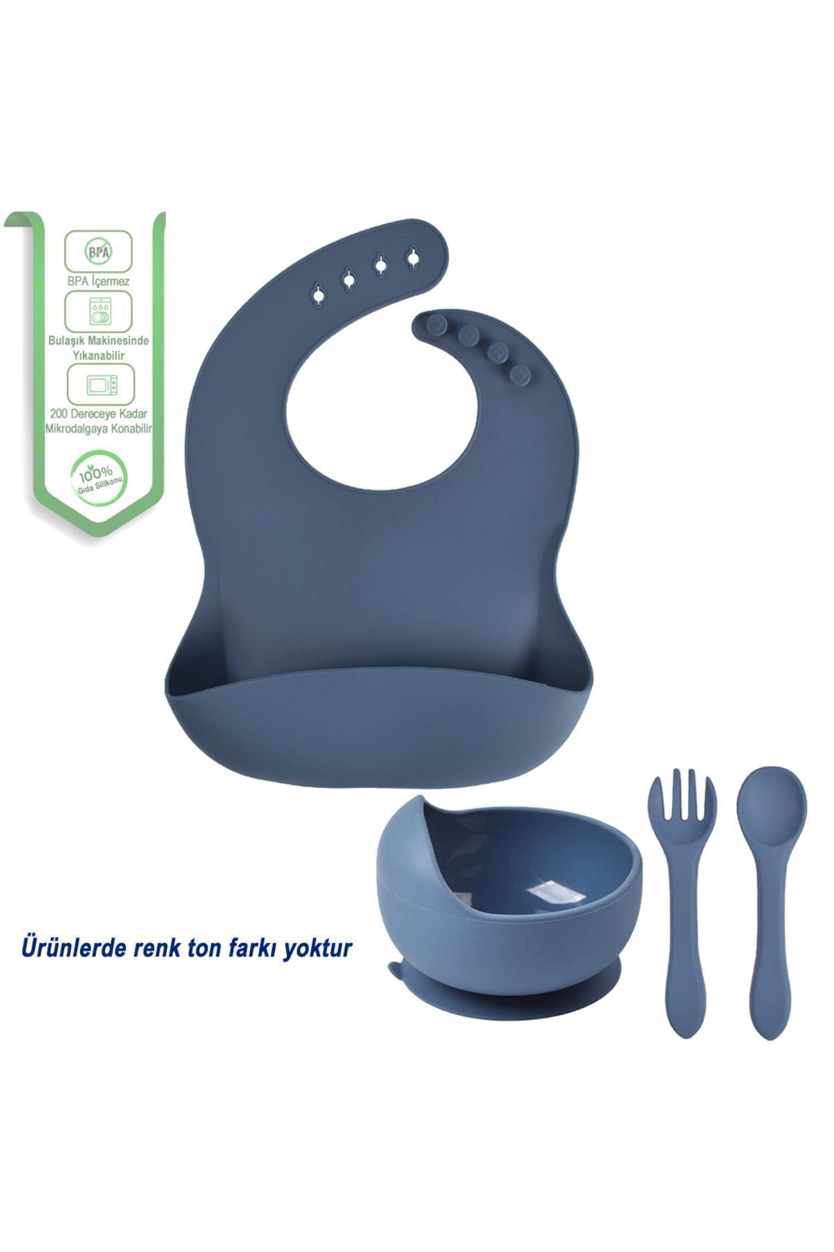 jojobebek Çocuk Silikon Mama Önlüğü, Silikon Vakumlu Kase, Silikon Kaşık Ve Çatal / Lacivert fotoğrafı 7 (önizleme)