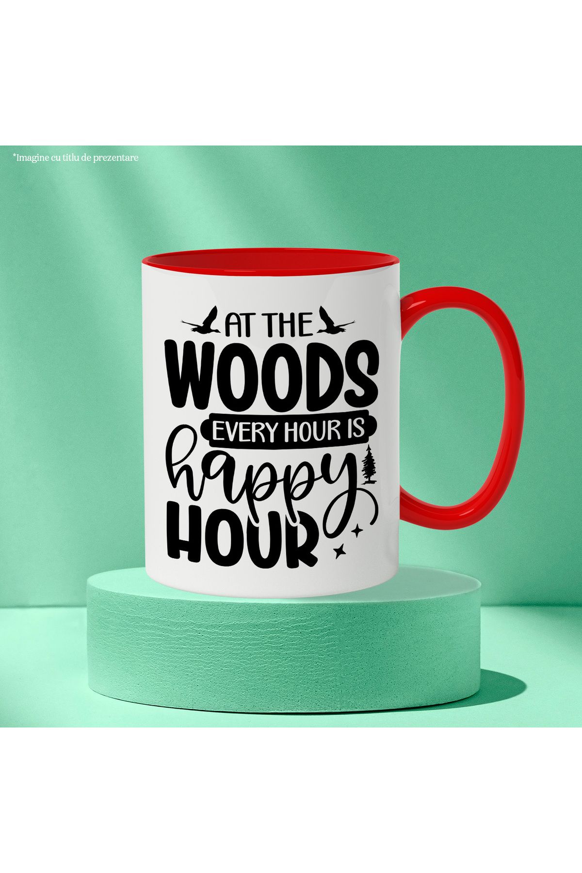 StoryGift Romania-Mug with birds and the message "In the forest, any hour is a happy hour" with Red Handle, With, STG 3