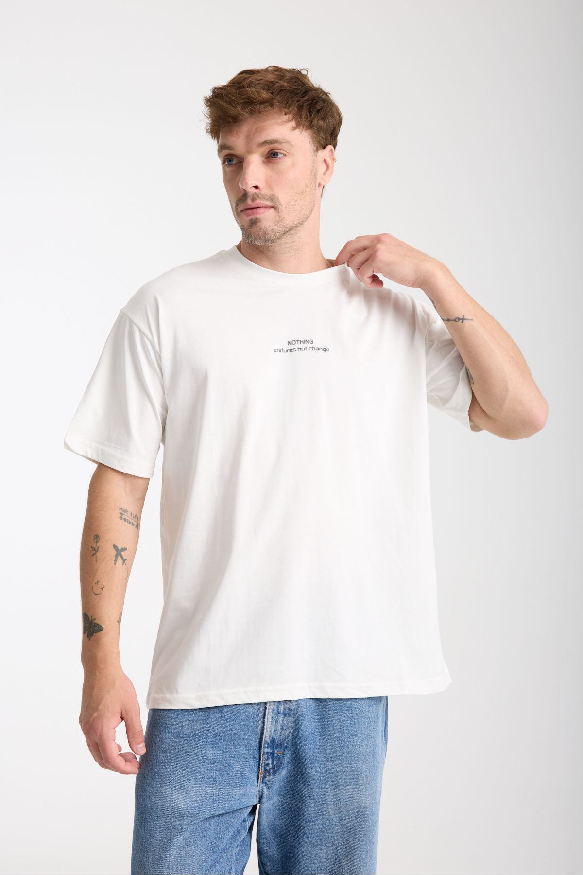 Tarz Cool Erkek Beyaz Nothing Nakış Yazılı Oversize Bisiklet Yaka T-Shirt