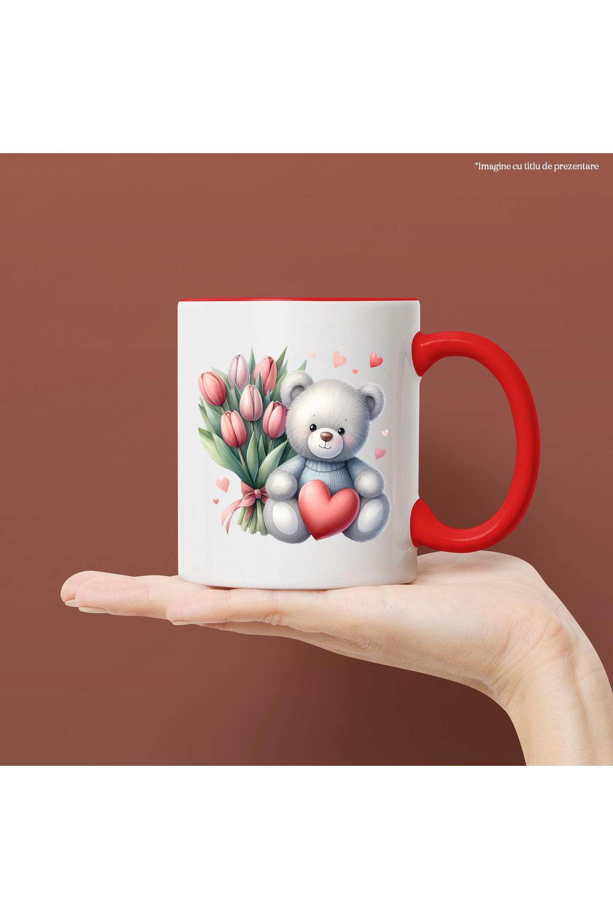 StoryGift Romania-Mug with a teddy bear, illustration, red tulips, hearts, affection, gift, With ,STG 1
